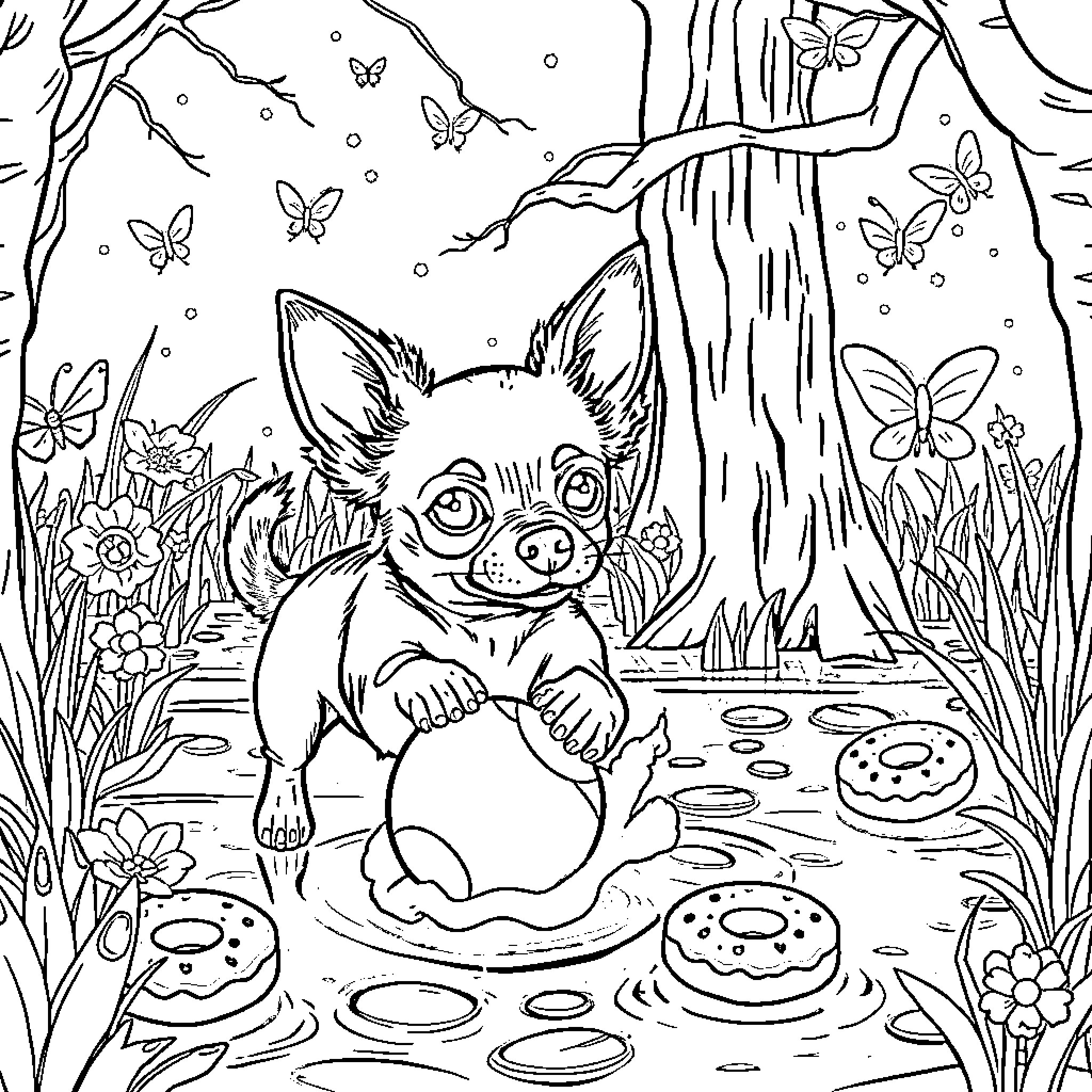 Chihuahua playing in a magical forest scene Coloring Page (free black-and-white line drawing printable PDF for all, from beginners to advanced learners, including children, teens, adults, and seniors)