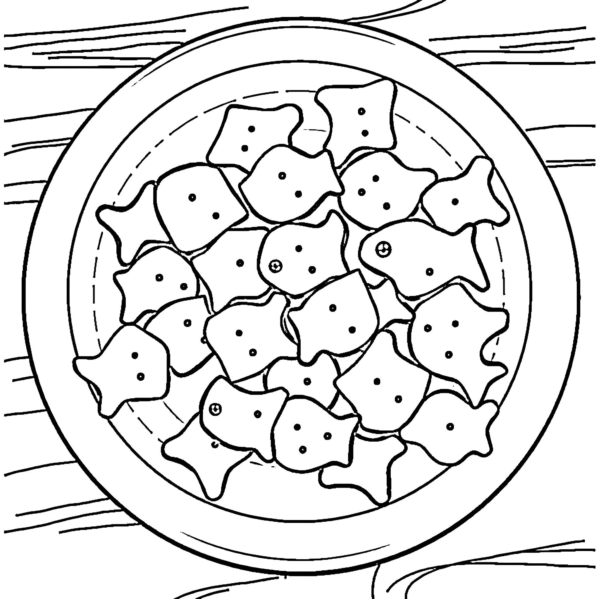 Goldfish swimming in a circular bowl Coloring Page (free black-and-white line drawing printable PDF for all, from beginners to advanced learners, including children, teens, adults, and seniors)