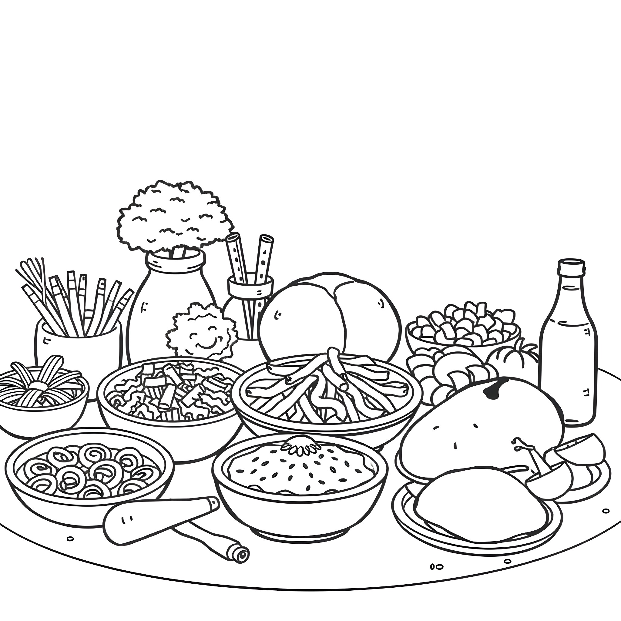 Food served on a table Coloring Page (free black-and-white line drawing printable PDF for all, from beginners to advanced learners, including children, teens, adults, and seniors)