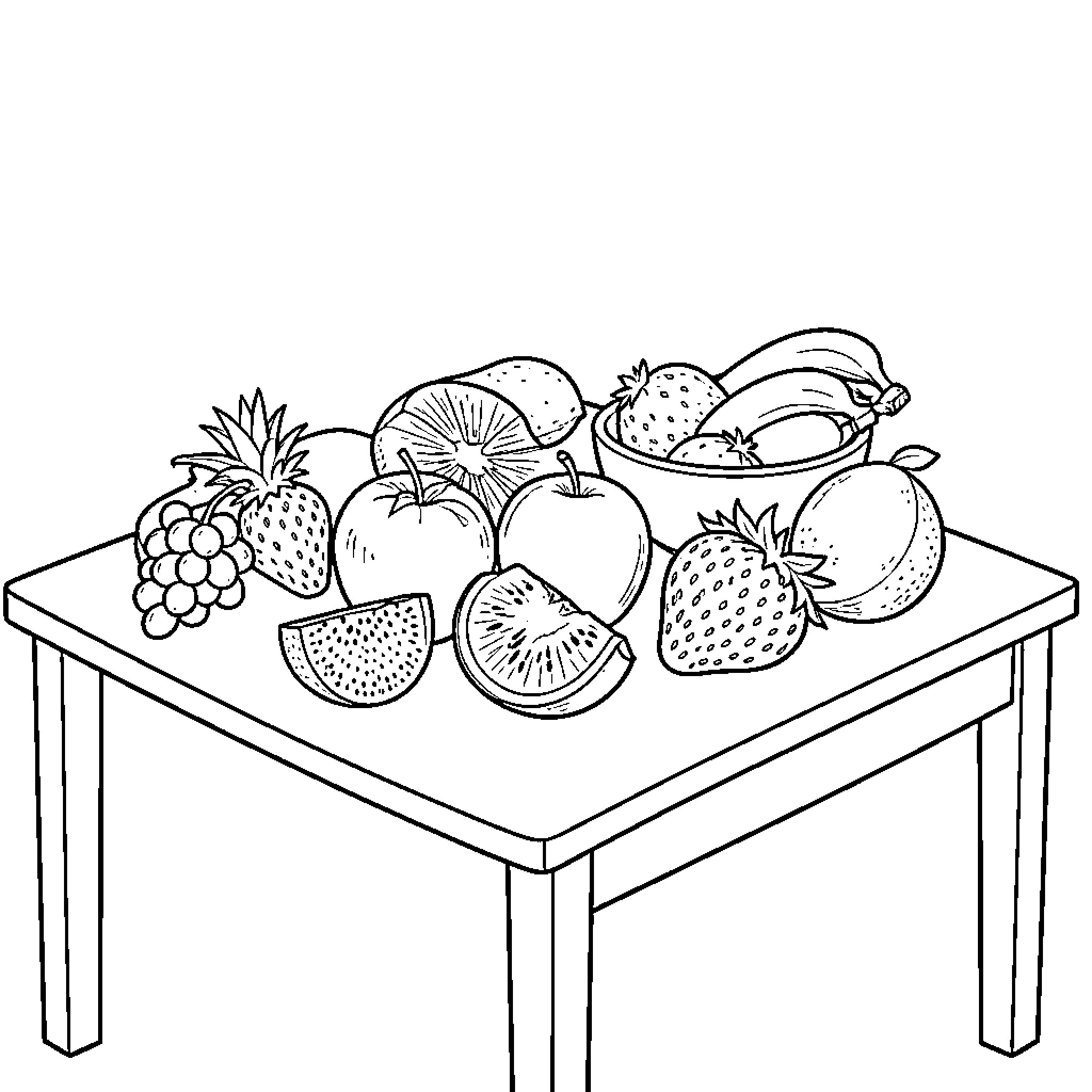 Fruit assortment displayed on a wooden table Coloring Page (free black-and-white line drawing printable PDF for all, from beginners to advanced learners, including children, teens, adults, and seniors)