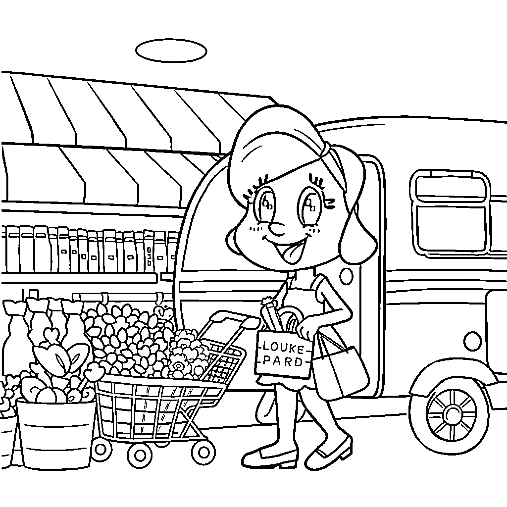 Bluey shopping at the local market Coloring Page (free black-and-white line drawing printable PDF for all, from beginners to advanced learners, including children, teens, adults, and seniors)