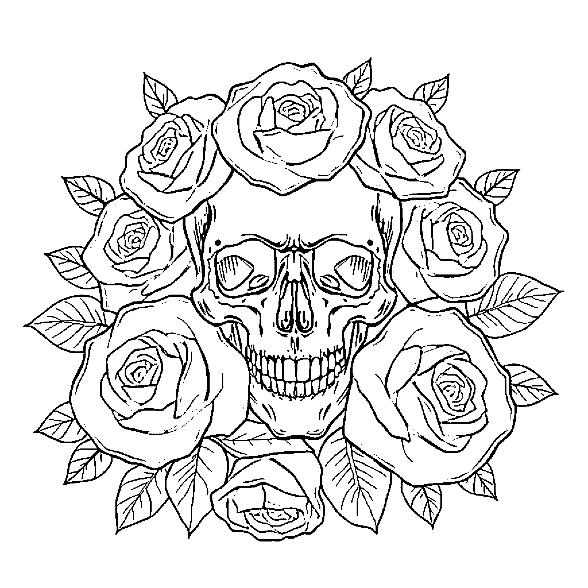 Skull surrounded by blooming roses Coloring Page (free black-and-white line drawing printable PDF for all, from beginners to advanced learners, including children, teens, adults, and seniors)