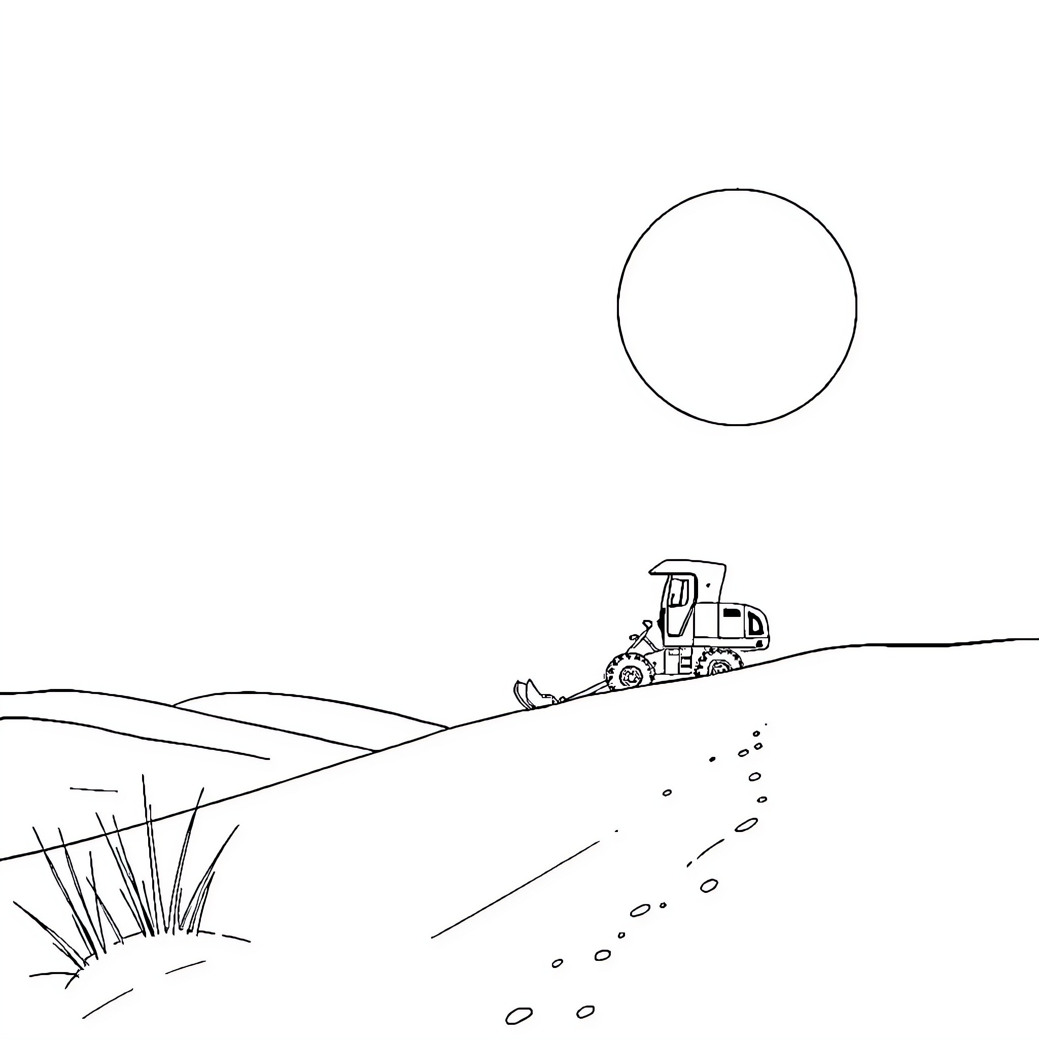 Excavator operating in rural landscape Coloring Page (free black-and-white line drawing printable PDF for all, from beginners to advanced learners, including children, teens, adults, and seniors)