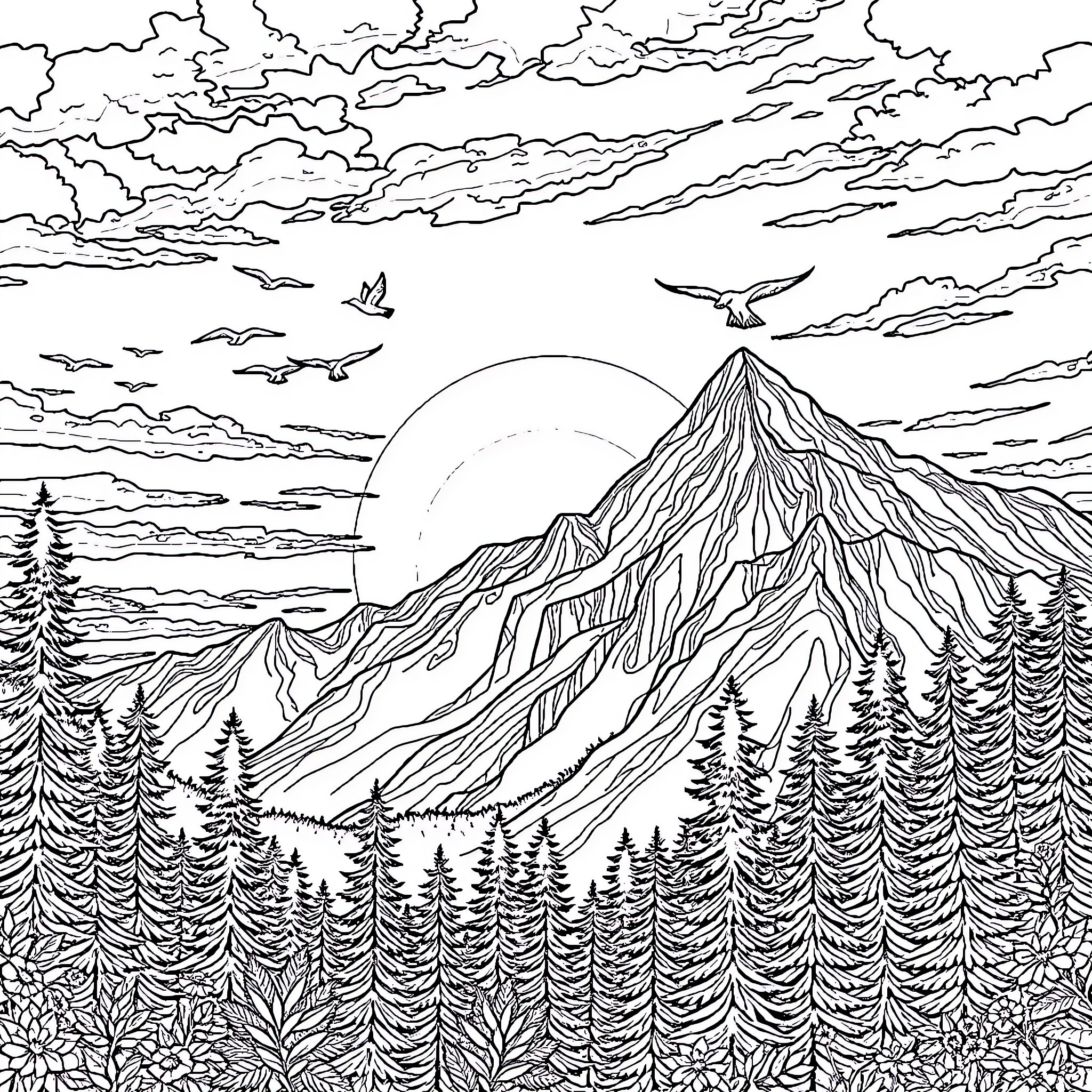 Mountain landscape with soaring birds and pine forest Coloring Page (free black-and-white line drawing printable PDF for all, from beginners to advanced learners, including children, teens, adults, and seniors)