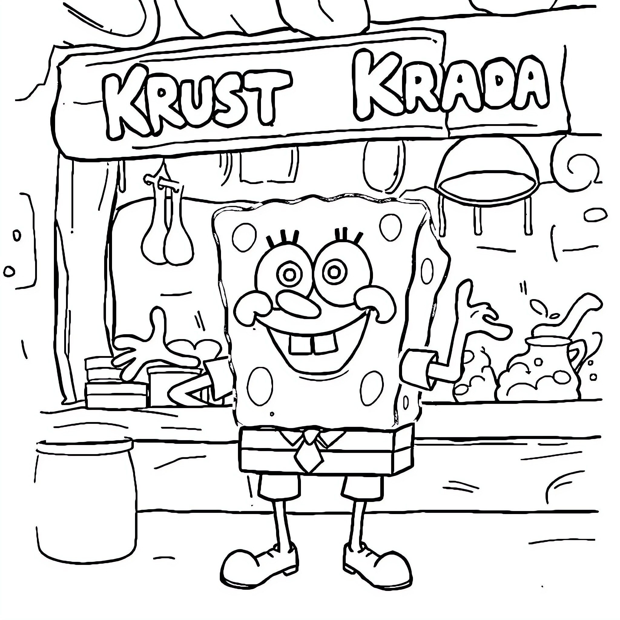 Bob esponja working at the Krust Krab restaurant Coloring Page (free black-and-white line drawing printable PDF for all, from beginners to advanced learners, including children, teens, adults, and seniors)