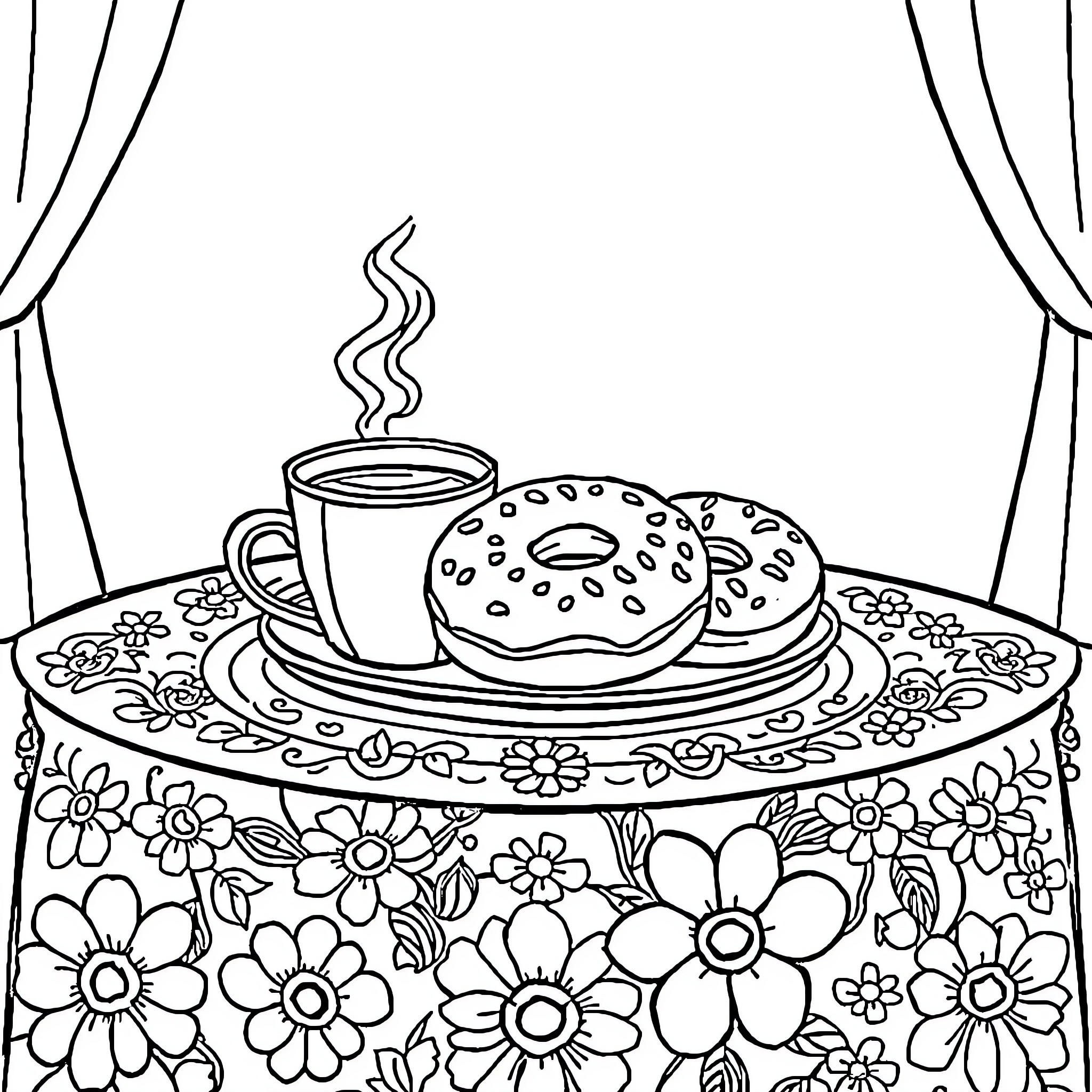Coffee break surrounded by floral decor Coloring Page (free black-and-white line drawing printable PDF for all, from beginners to advanced learners, including children, teens, adults, and seniors)