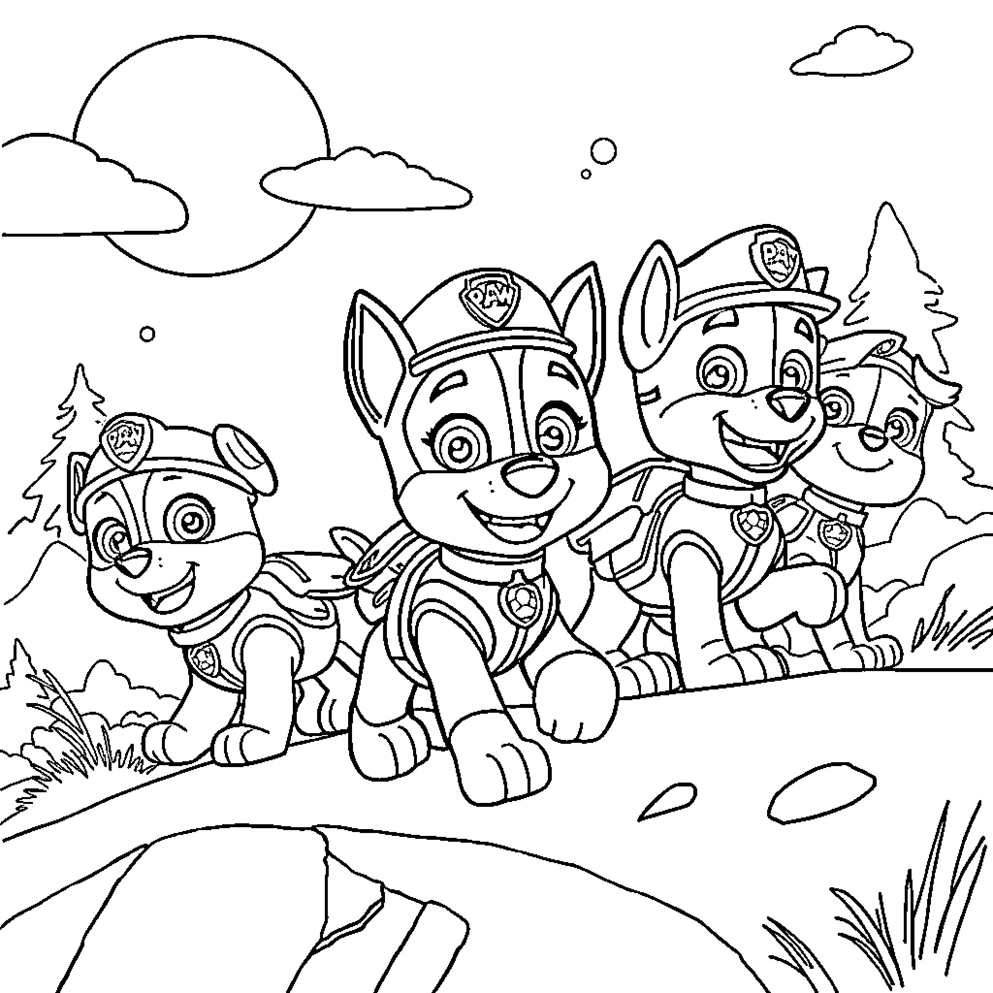 Bluey's Adventure with Paw Patrol Friends Coloring Page (free black-and-white line drawing printable PDF for all, from beginners to advanced learners, including children, teens, adults, and seniors)