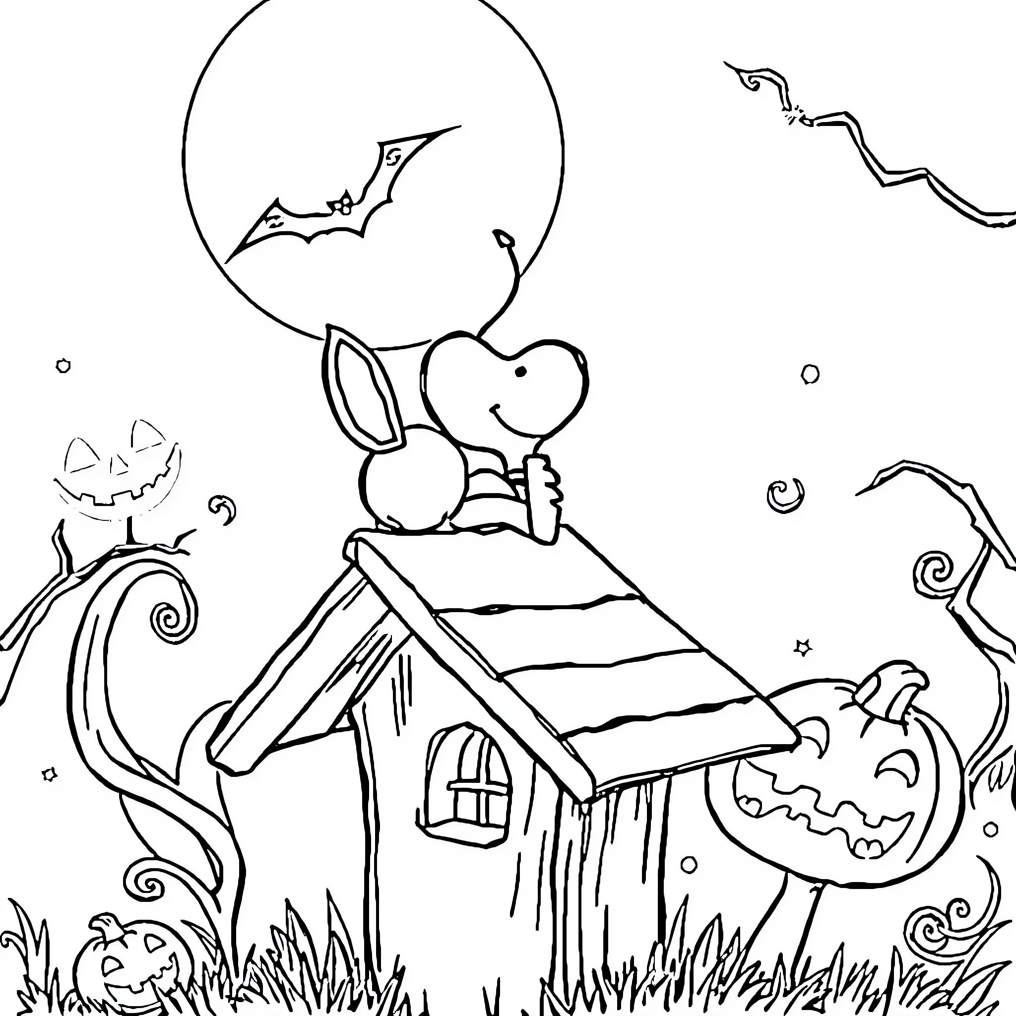Snoopy in a Halloween-themed scene Coloring Page (free black-and-white line drawing printable PDF for all, from beginners to advanced learners, including children, teens, adults, and seniors)