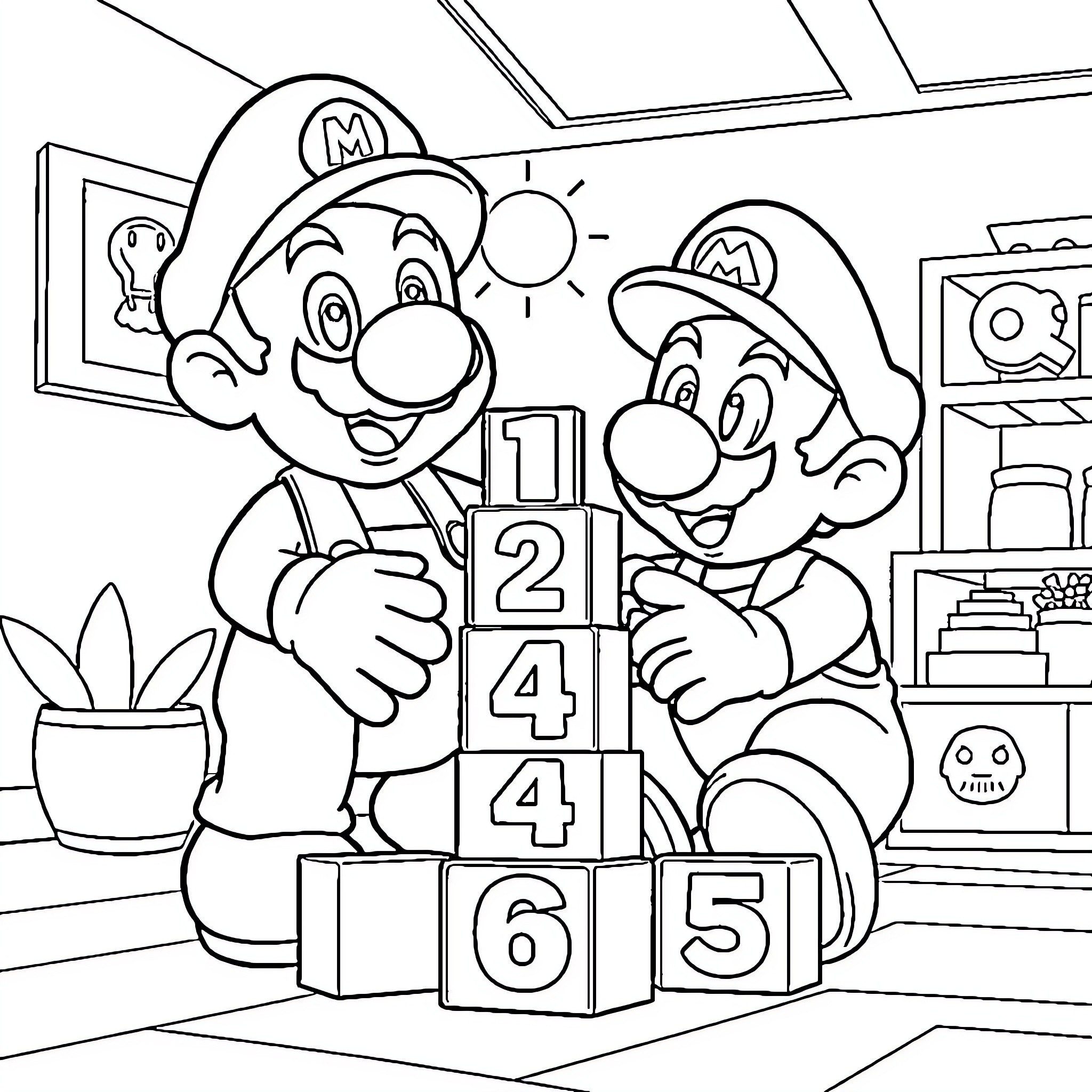 Mario and Luigi playing with building blocks Coloring Page (free black-and-white line drawing printable PDF for all, from beginners to advanced learners, including children, teens, adults, and seniors)