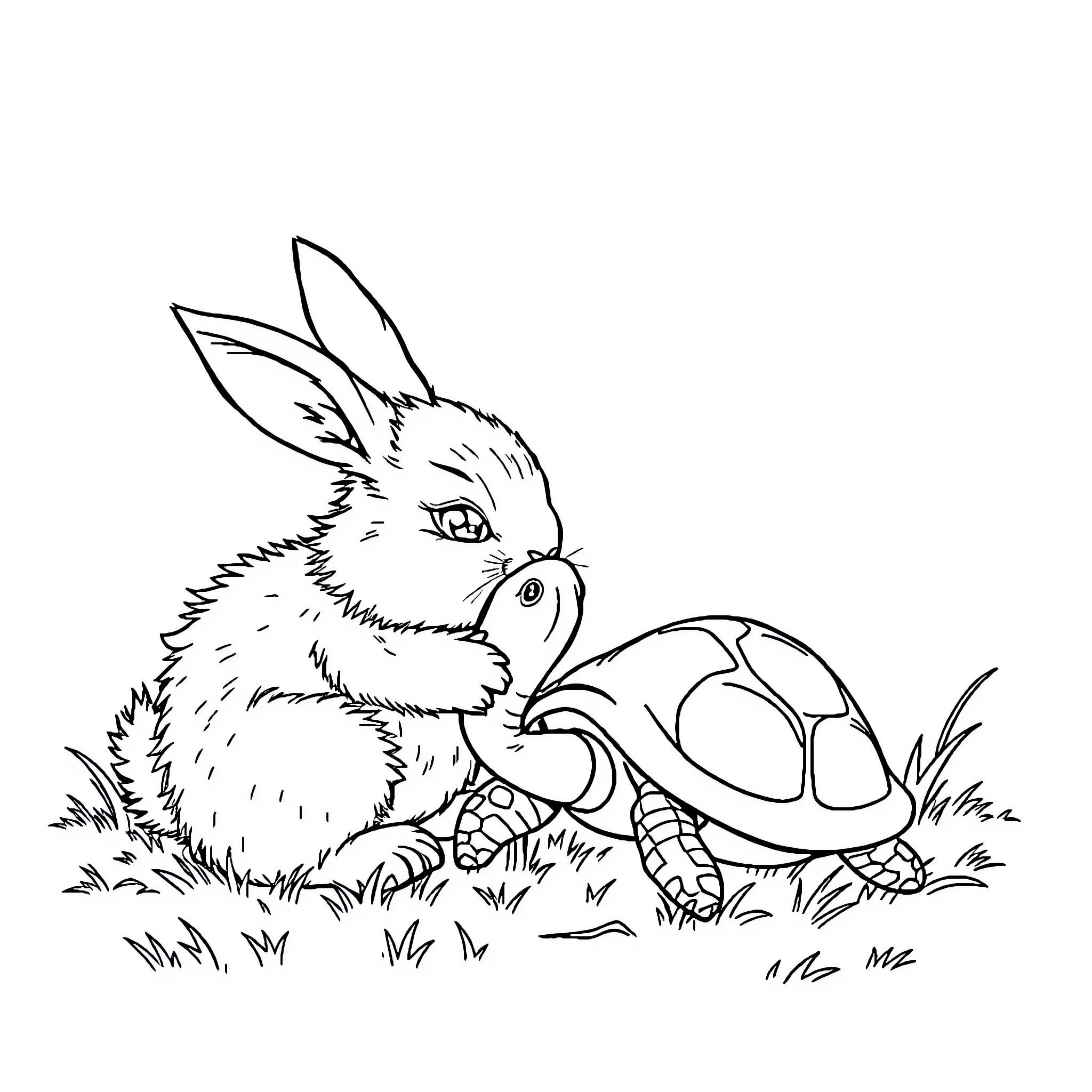 Bunny gazing at curious turtle in the grass Coloring Page (free black-and-white line drawing printable PDF for all, from beginners to advanced learners, including children, teens, adults, and seniors)