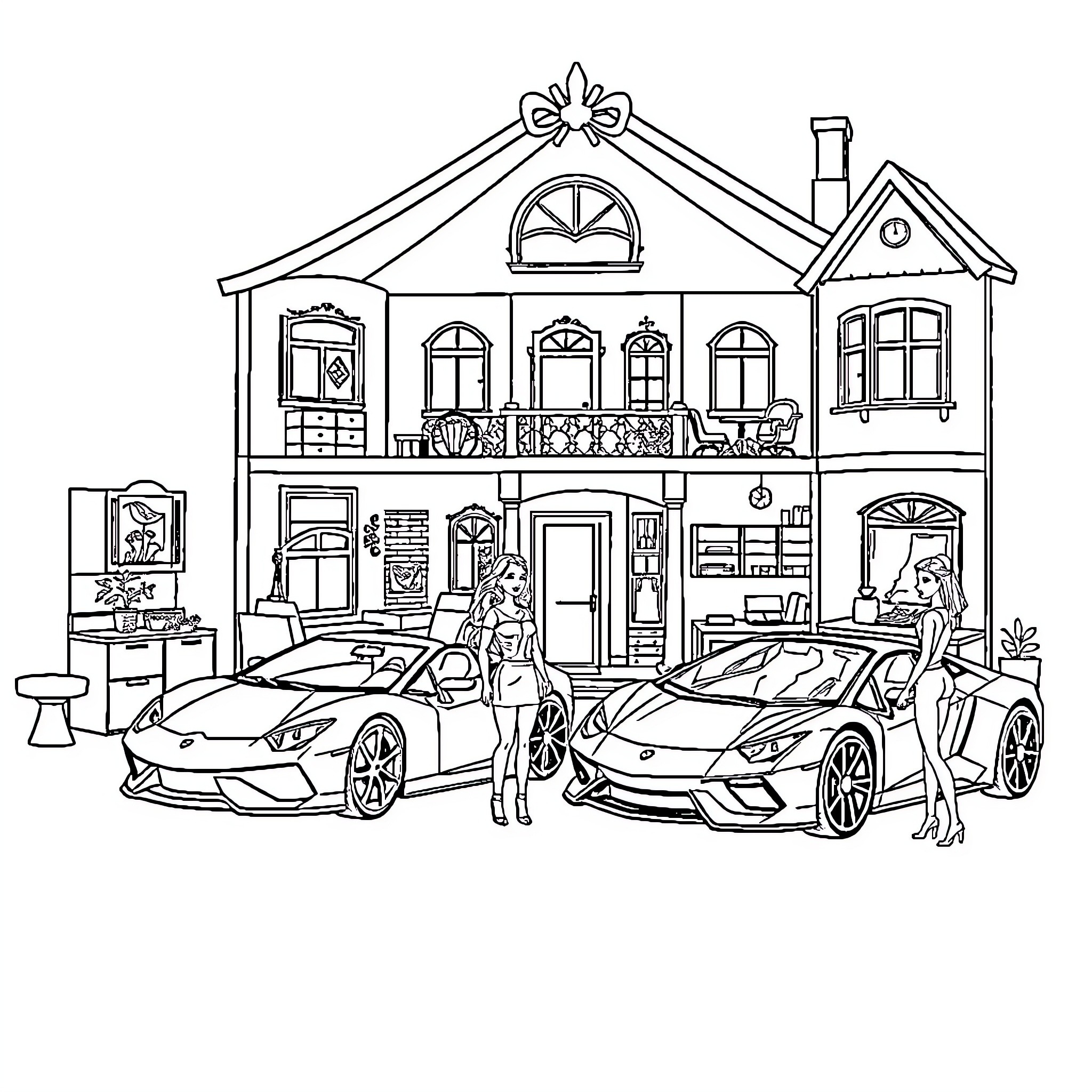 Barbie's Luxurious Mansion with Supercars Coloring Page (free black-and-white line drawing printable PDF for all, from beginners to advanced learners, including children, teens, adults, and seniors)