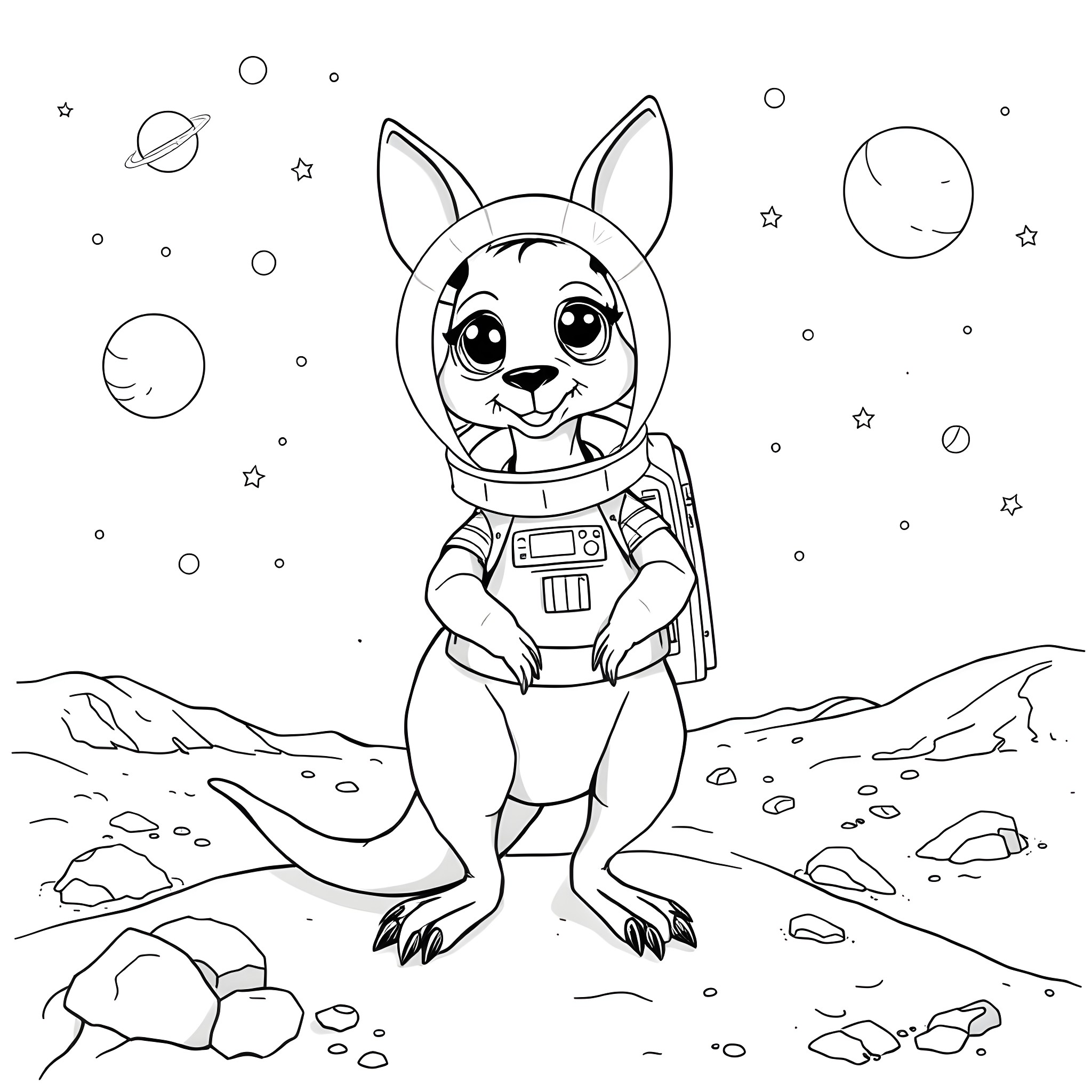 Kangaroo astronaut exploring outer space Coloring Page (free black-and-white line drawing printable PDF for all, from beginners to advanced learners, including children, teens, adults, and seniors)