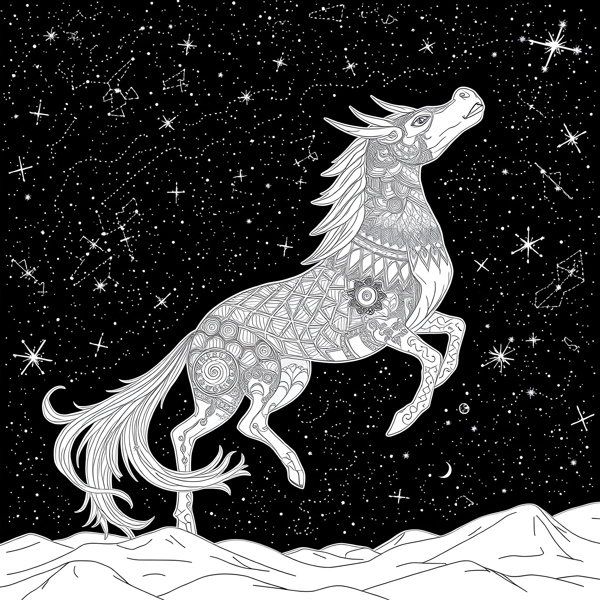 Uktena, Majestic Creature in Starry Night Sky Coloring Page (free black-and-white line drawing printable PDF for all, from beginners to advanced learners, including children, teens, adults, and seniors)