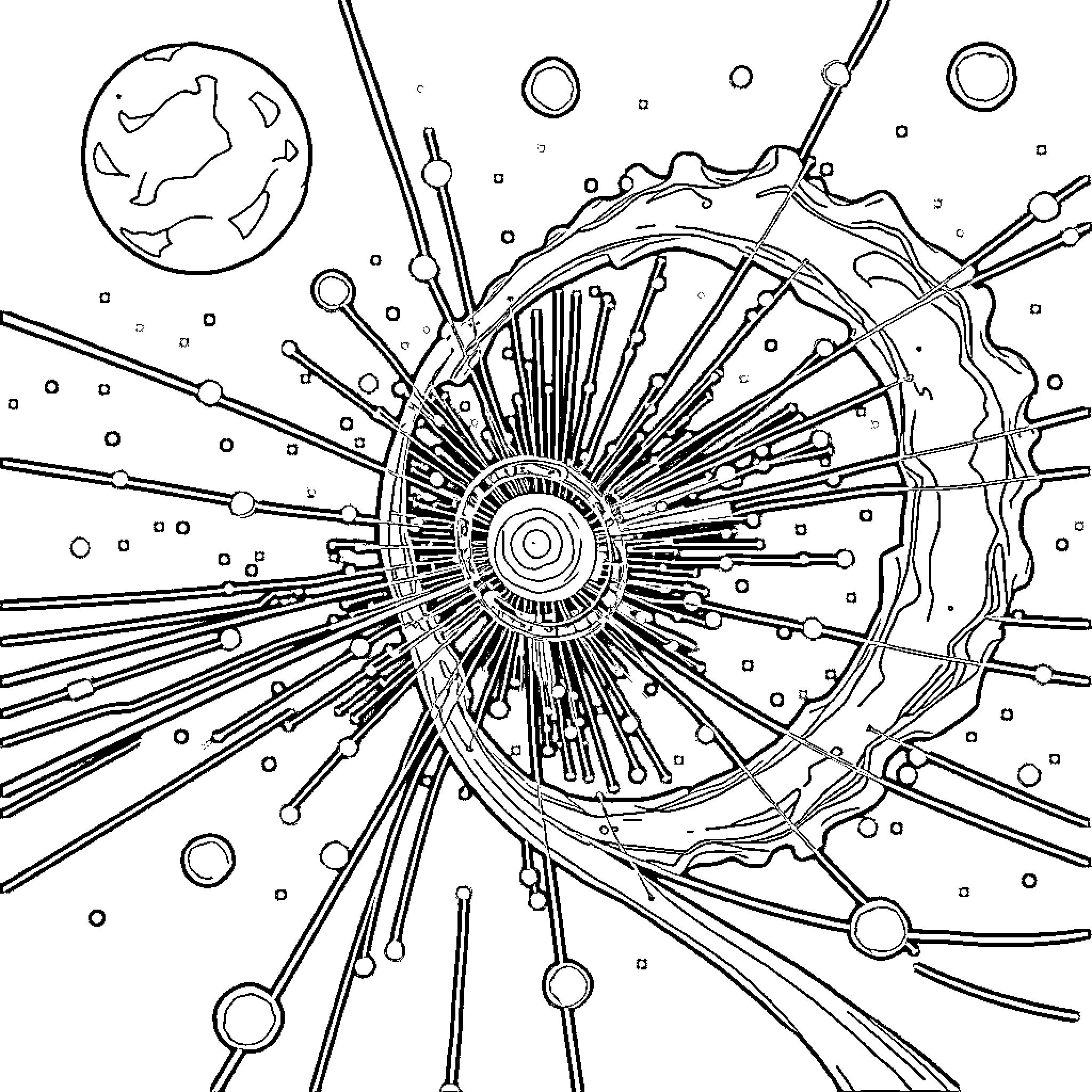 Physics of Cosmic Explosion and Particles Coloring Page (free black-and-white line drawing printable PDF for all, from beginners to advanced learners, including children, teens, adults, and seniors)