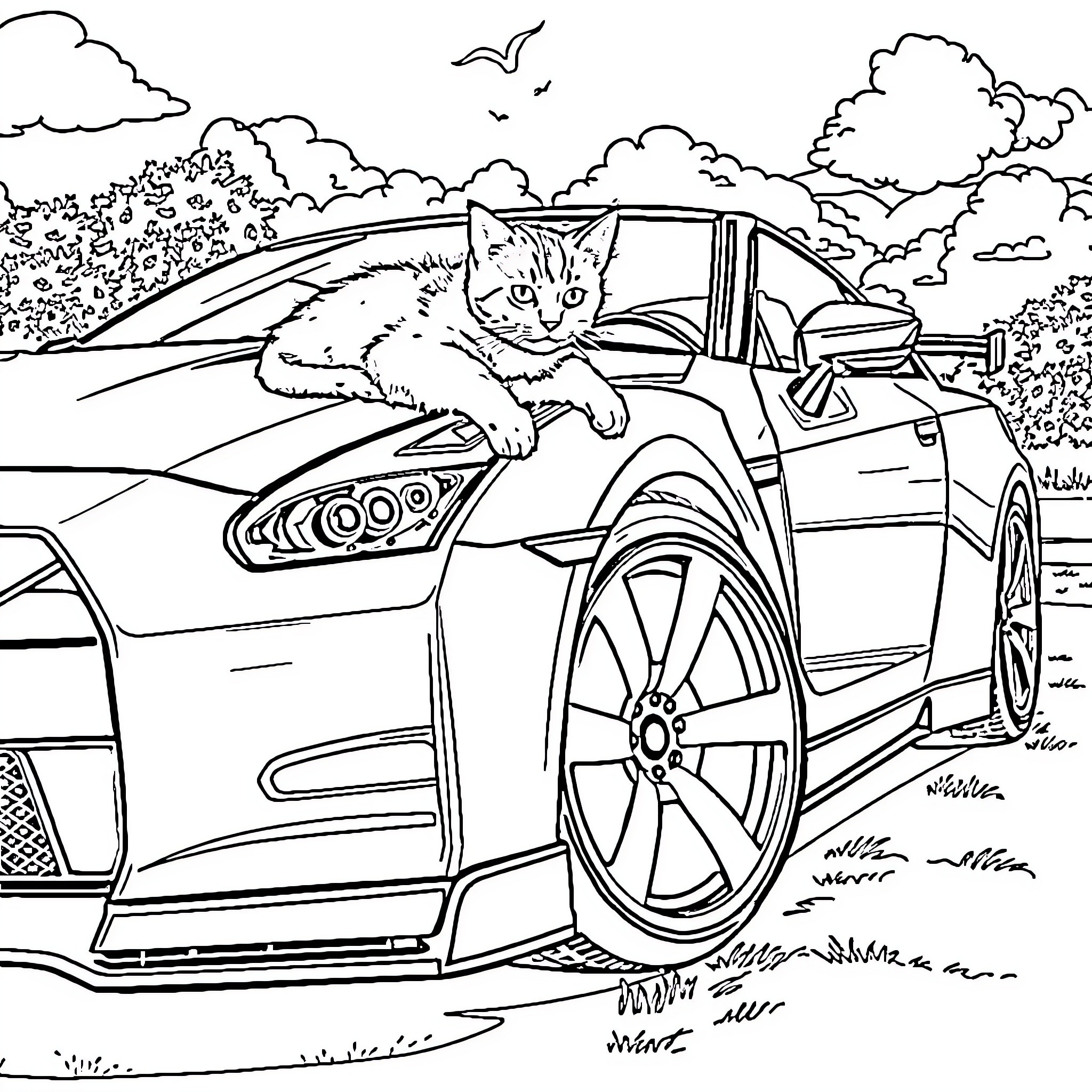 Gato exploring a modern sports car on the road Coloring Page (free black-and-white line drawing printable PDF for all, from beginners to advanced learners, including children, teens, adults, and seniors)