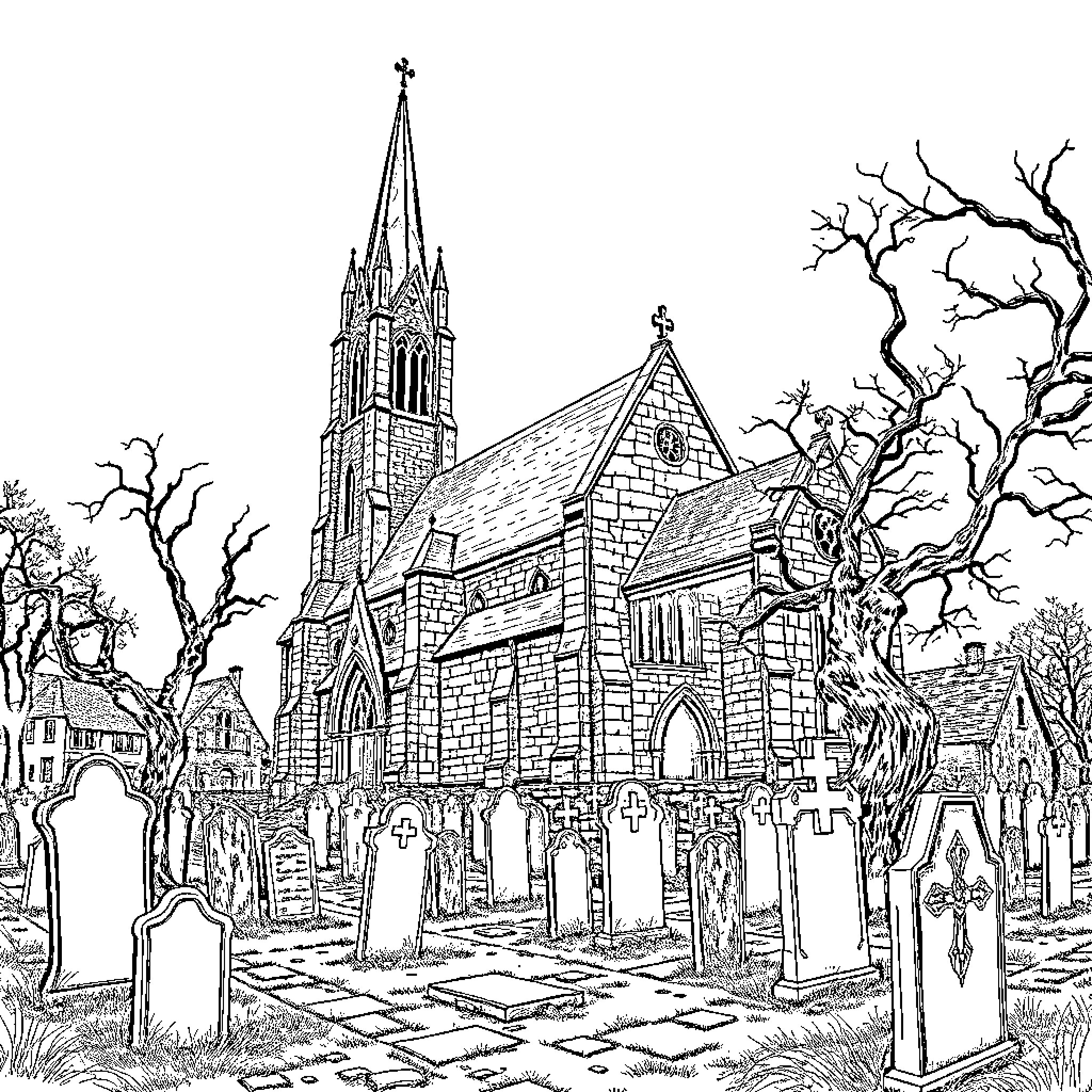 Church with Gothic Spire and Graveyard Scene Coloring Page (free black-and-white line drawing printable PDF for all, from beginners to advanced learners, including children, teens, adults, and seniors)