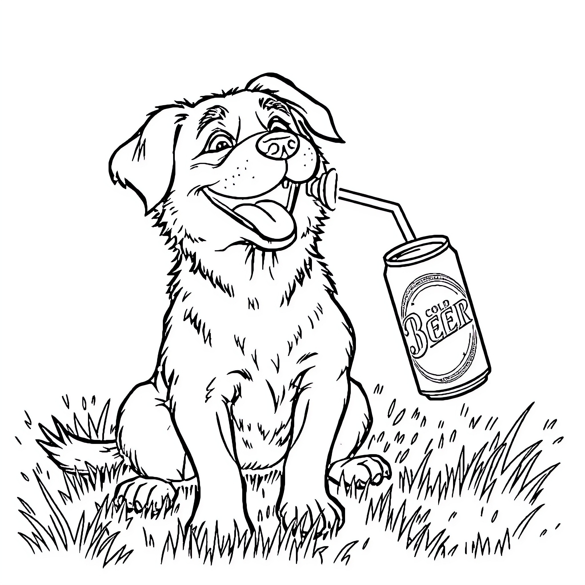 Dog enjoying a refreshing beverage on a grassy field Coloring Page (free black-and-white line drawing printable PDF for all, from beginners to advanced learners, including children, teens, adults, and seniors)