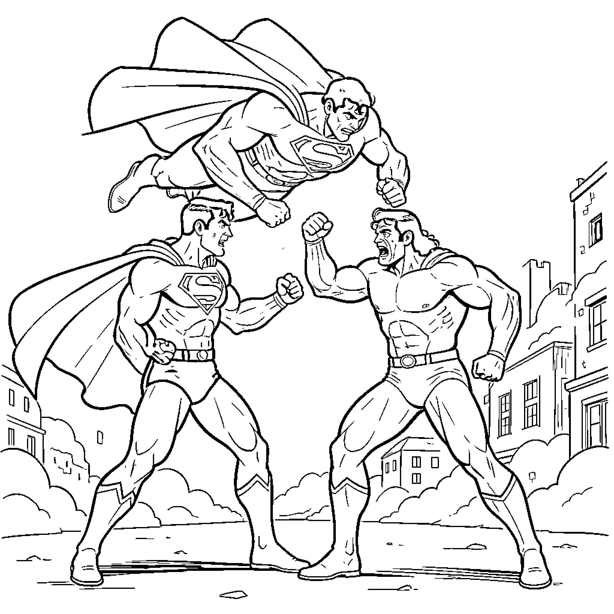 Superman engaged in an intense battle against a foe Coloring Page (free black-and-white line drawing printable PDF for all, from beginners to advanced learners, including children, teens, adults, and seniors)