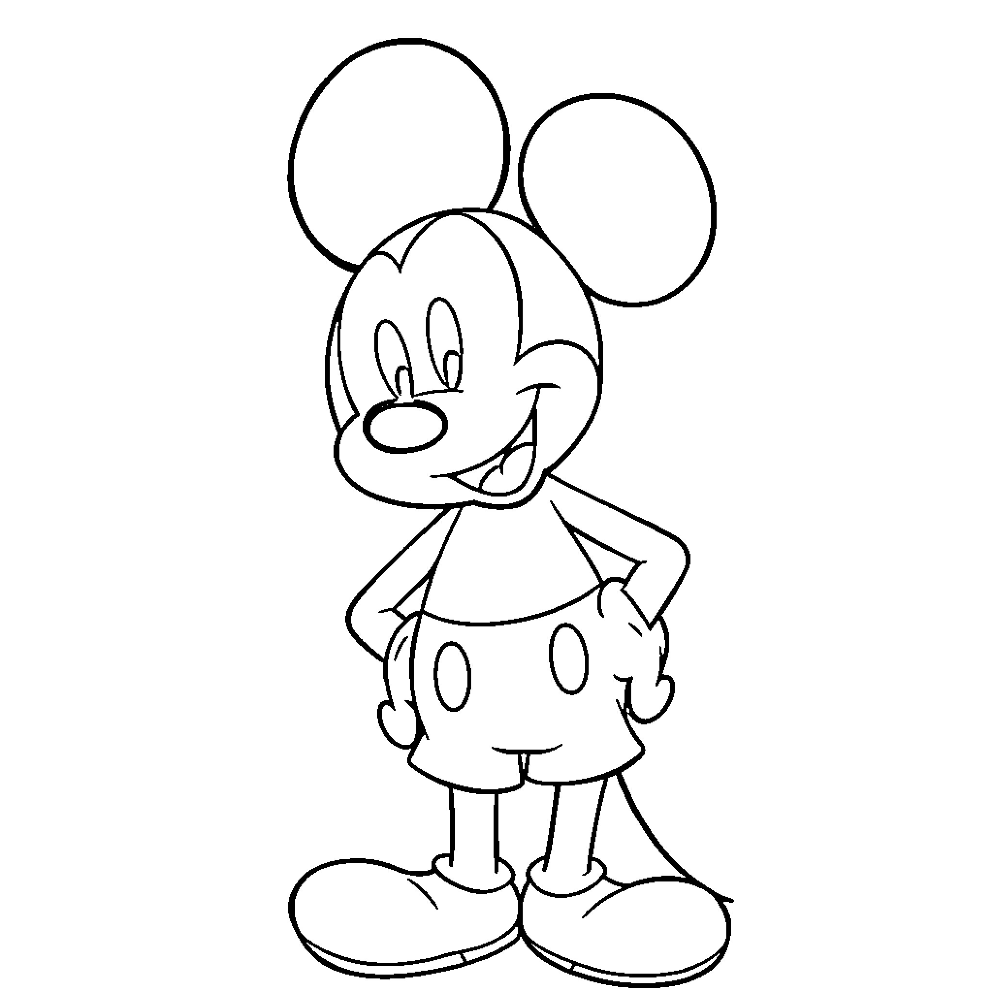 Mickey Mouse posing with a cheerful expression Coloring Page (free black-and-white line drawing printable PDF for all, from beginners to advanced learners, including children, teens, adults, and seniors)