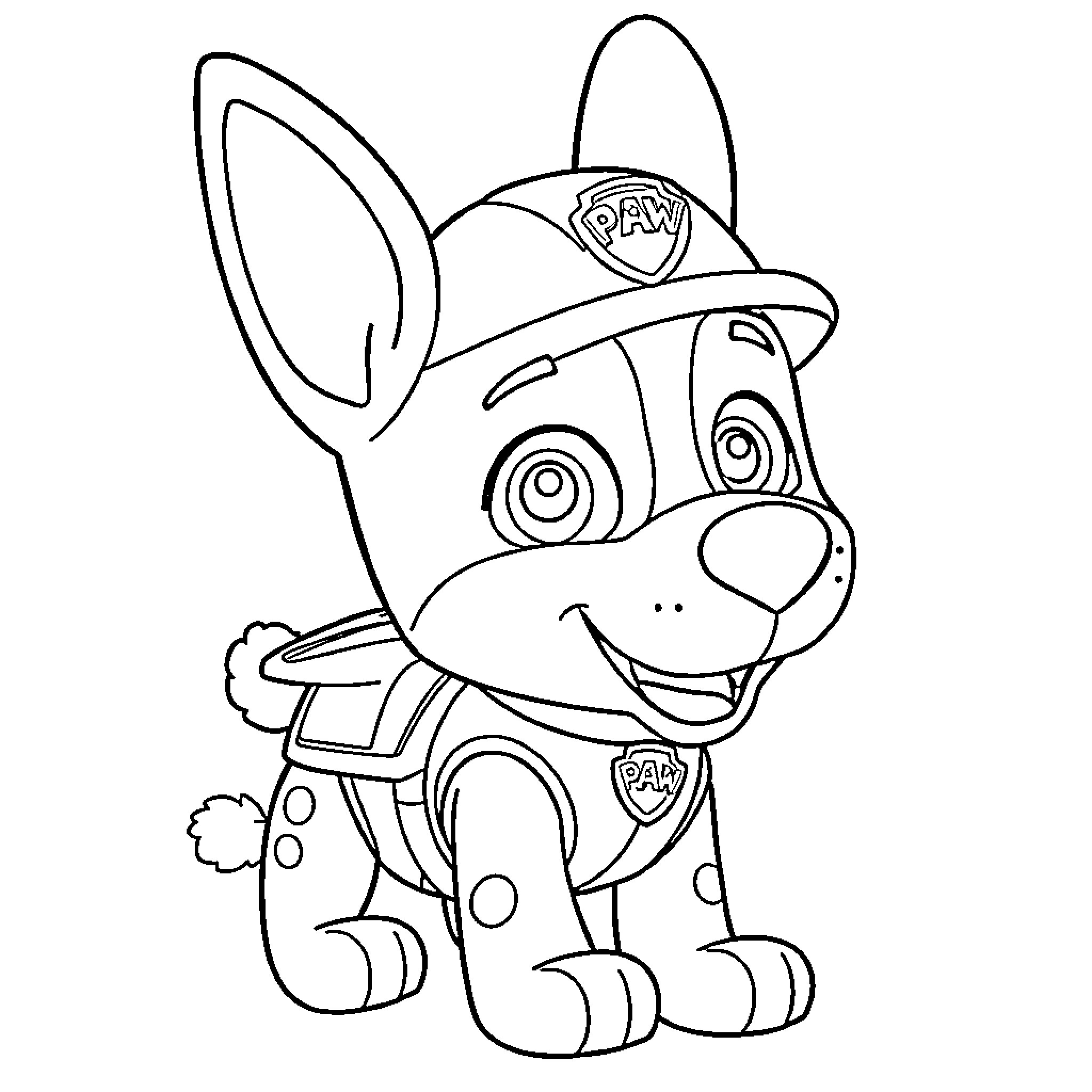 Bunny patrol pup in uniform smiles happily Coloring Page (free black-and-white line drawing printable PDF for all, from beginners to advanced learners, including children, teens, adults, and seniors)