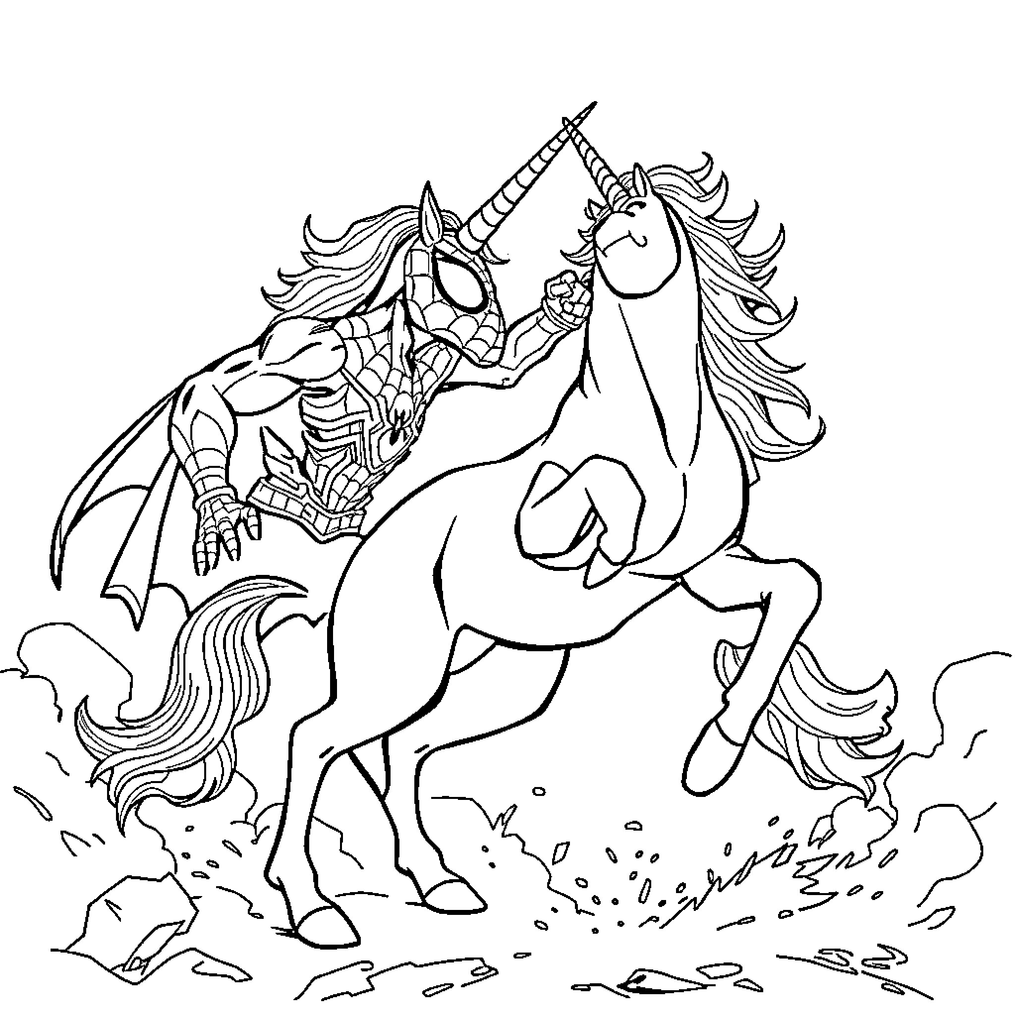 Spiderman riding a unicorn in a fantastical landscape Coloring Page (free black-and-white line drawing printable PDF for all, from beginners to advanced learners, including children, teens, adults, and seniors)