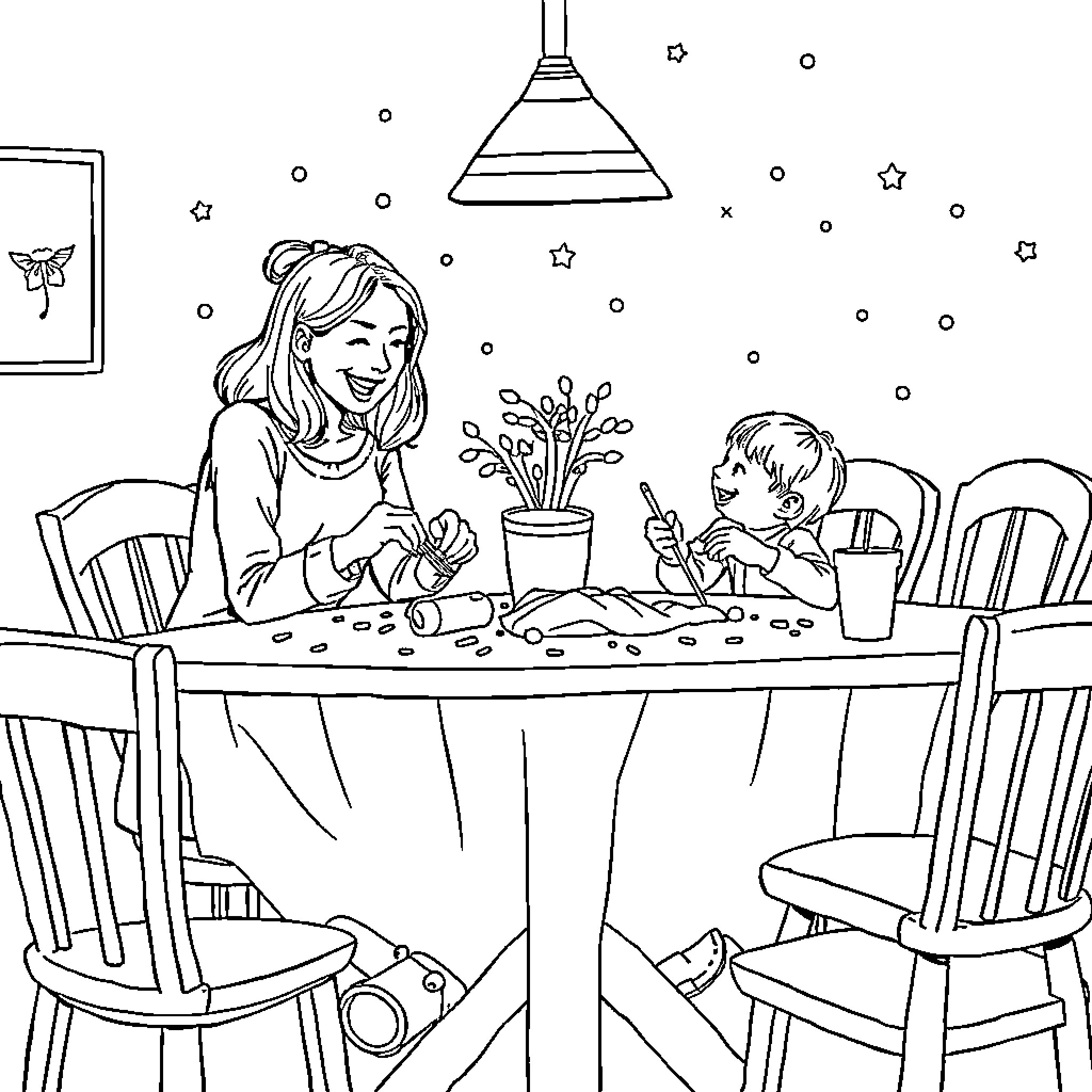 Friend creating art with child at table Coloring Page (free black-and-white line drawing printable PDF for all, from beginners to advanced learners, including children, teens, adults, and seniors)