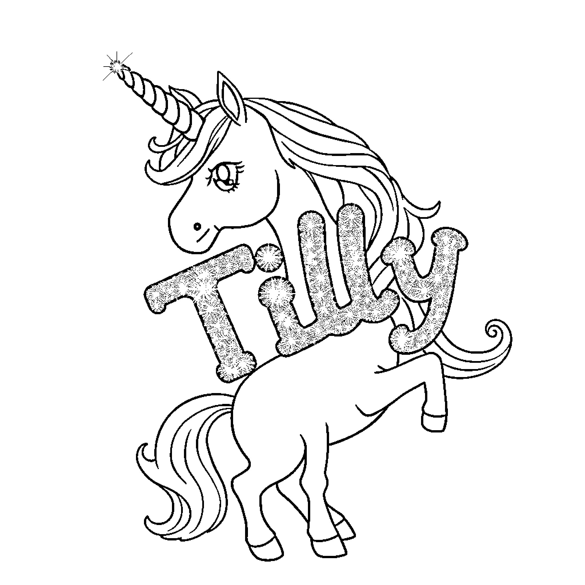 Unicorn holding glittery 'Tilly' sign Coloring Page (free black-and-white line drawing printable PDF for all, from beginners to advanced learners, including children, teens, adults, and seniors)