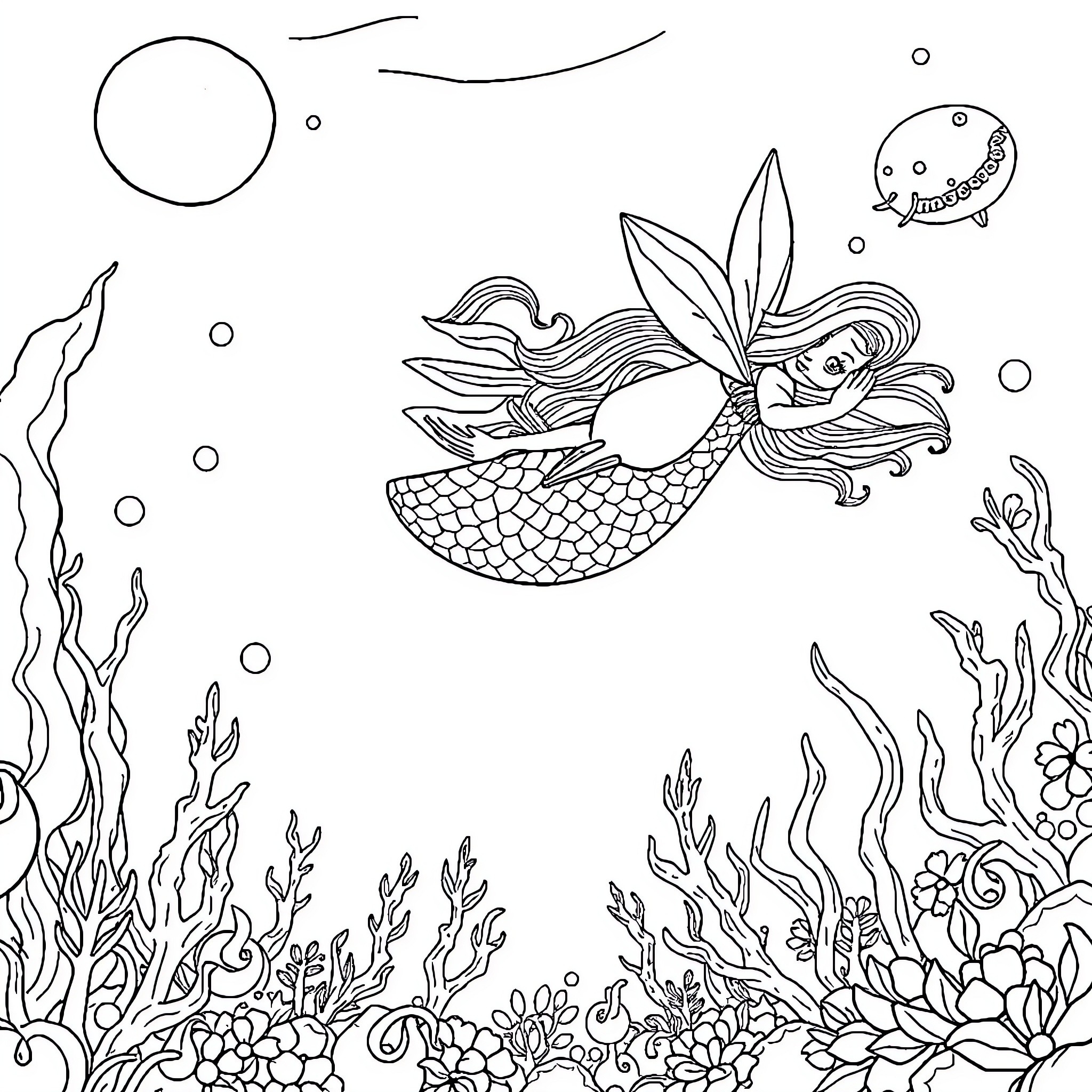 Mermaid swimming gracefully through the underwater garden Coloring Page (free black-and-white line drawing printable PDF for all, from beginners to advanced learners, including children, teens, adults, and seniors)