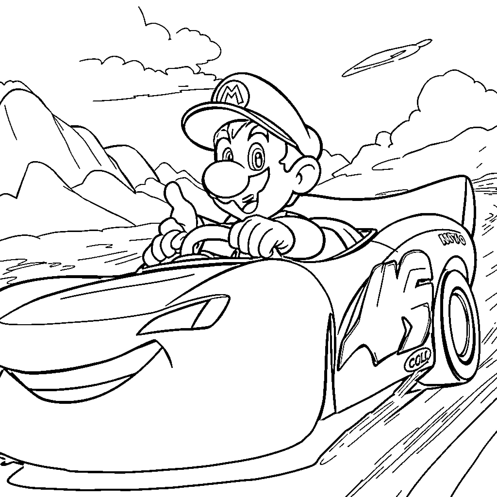 Mario speeding through a thrilling racing scene Coloring Page (free black-and-white line drawing printable PDF for all, from beginners to advanced learners, including children, teens, adults, and seniors)