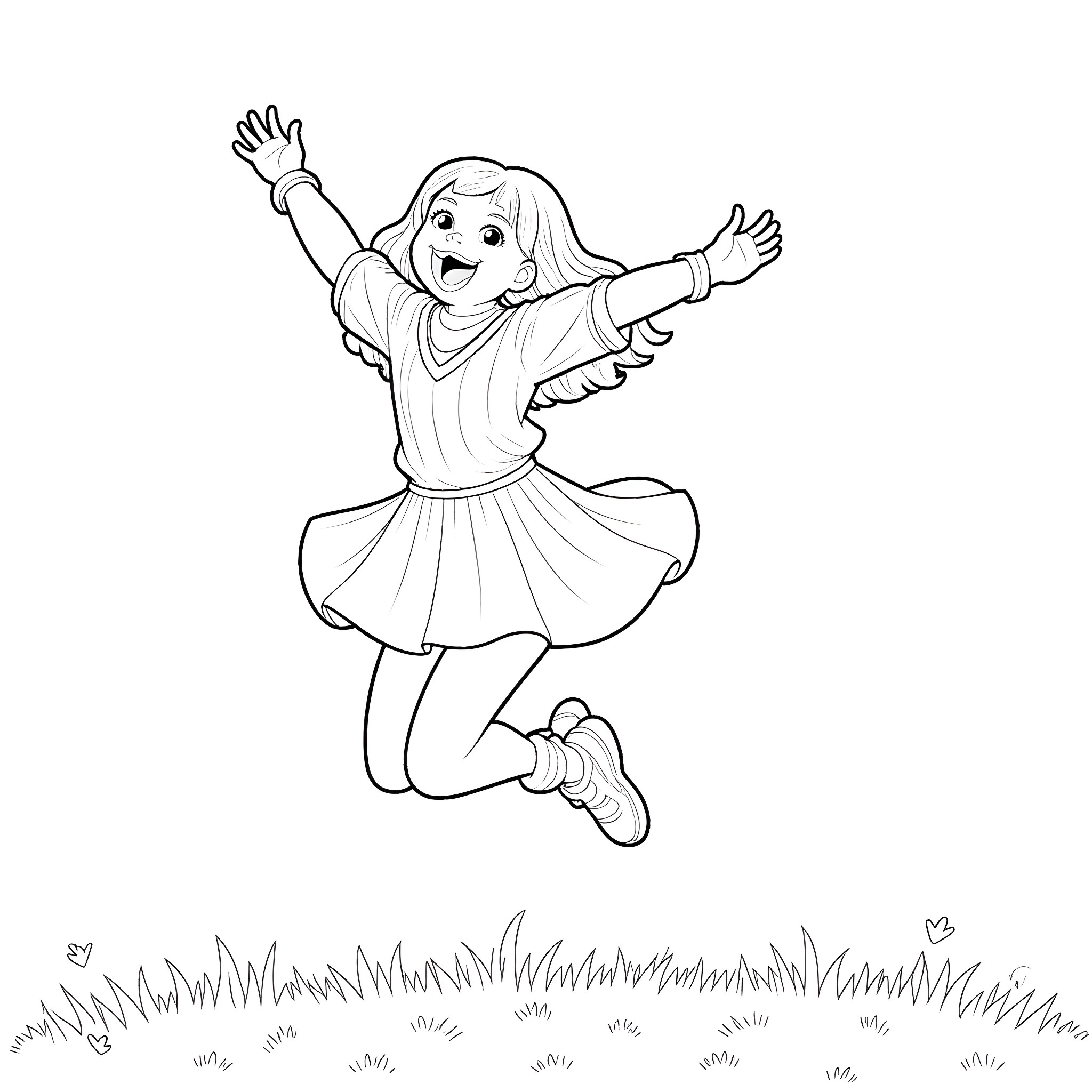 Fiona Joyfully Jumping in a Field Coloring Page (free black-and-white line drawing printable PDF for all, from beginners to advanced learners, including children, teens, adults, and seniors)