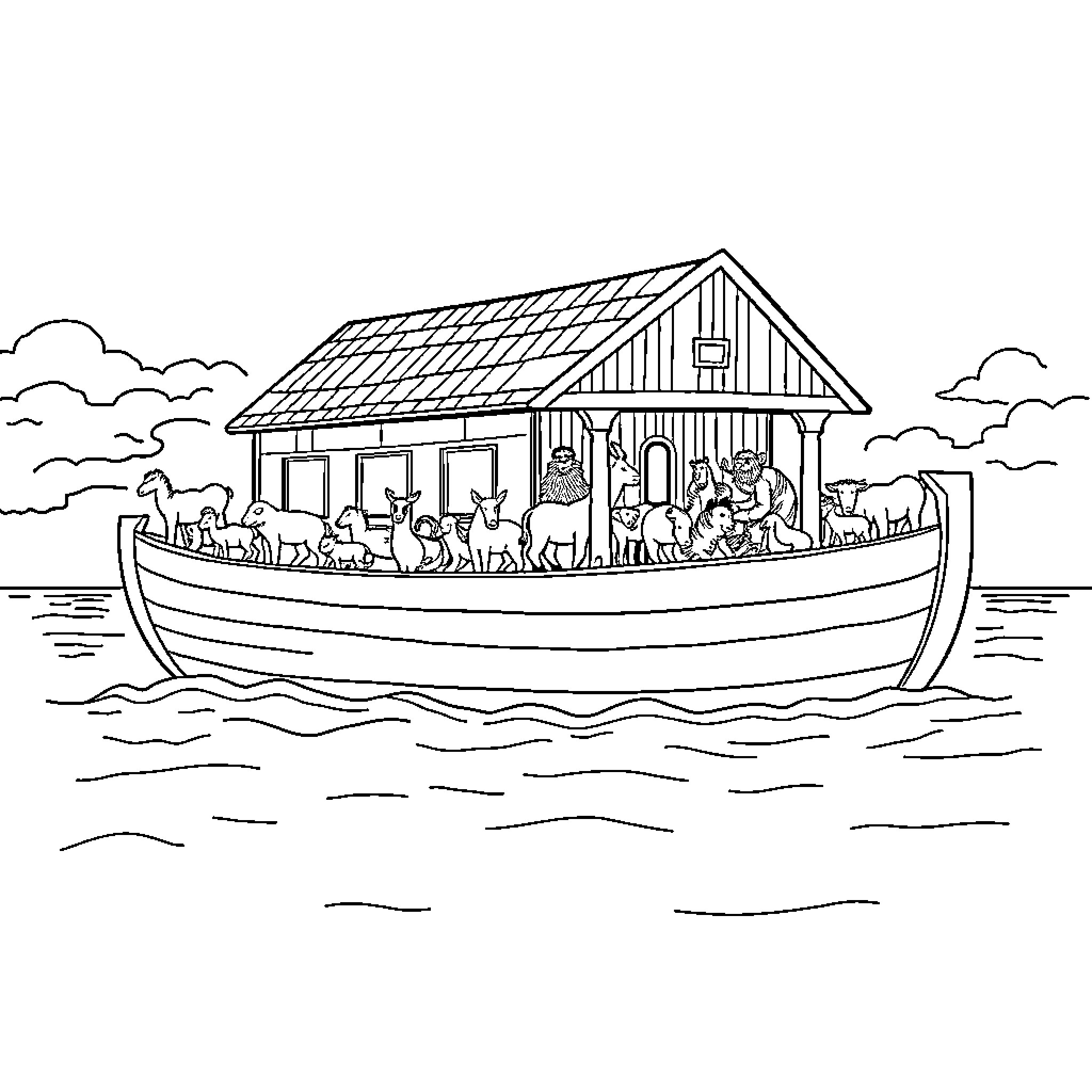 Noah's Ark filled with animals and people sailing across the water Coloring Page (free black-and-white line drawing printable PDF for all, from beginners to advanced learners, including children, teens, adults, and seniors)