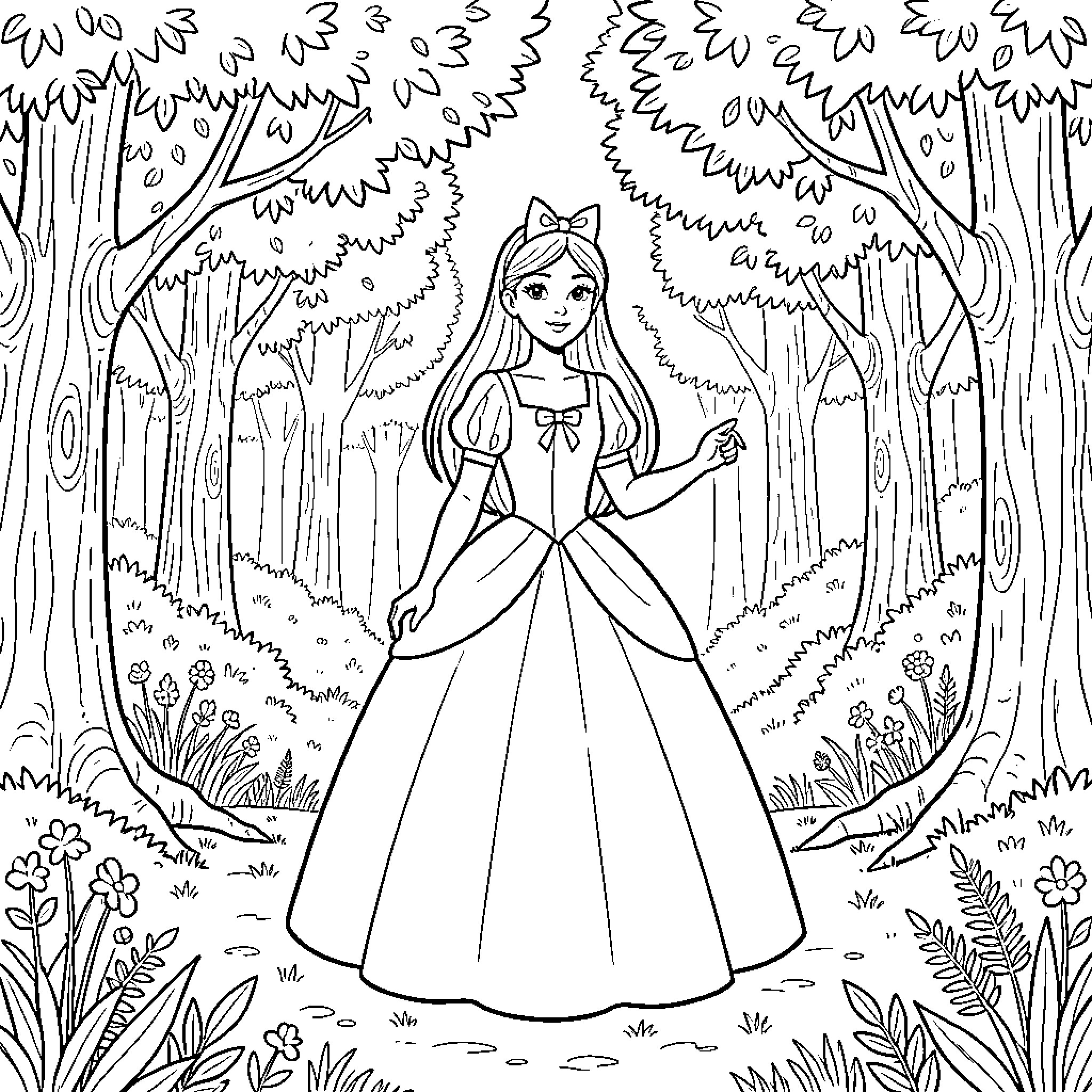 Snow White standing gracefully in a lush forest Coloring Page (free black-and-white line drawing printable PDF for all, from beginners to advanced learners, including children, teens, adults, and seniors)