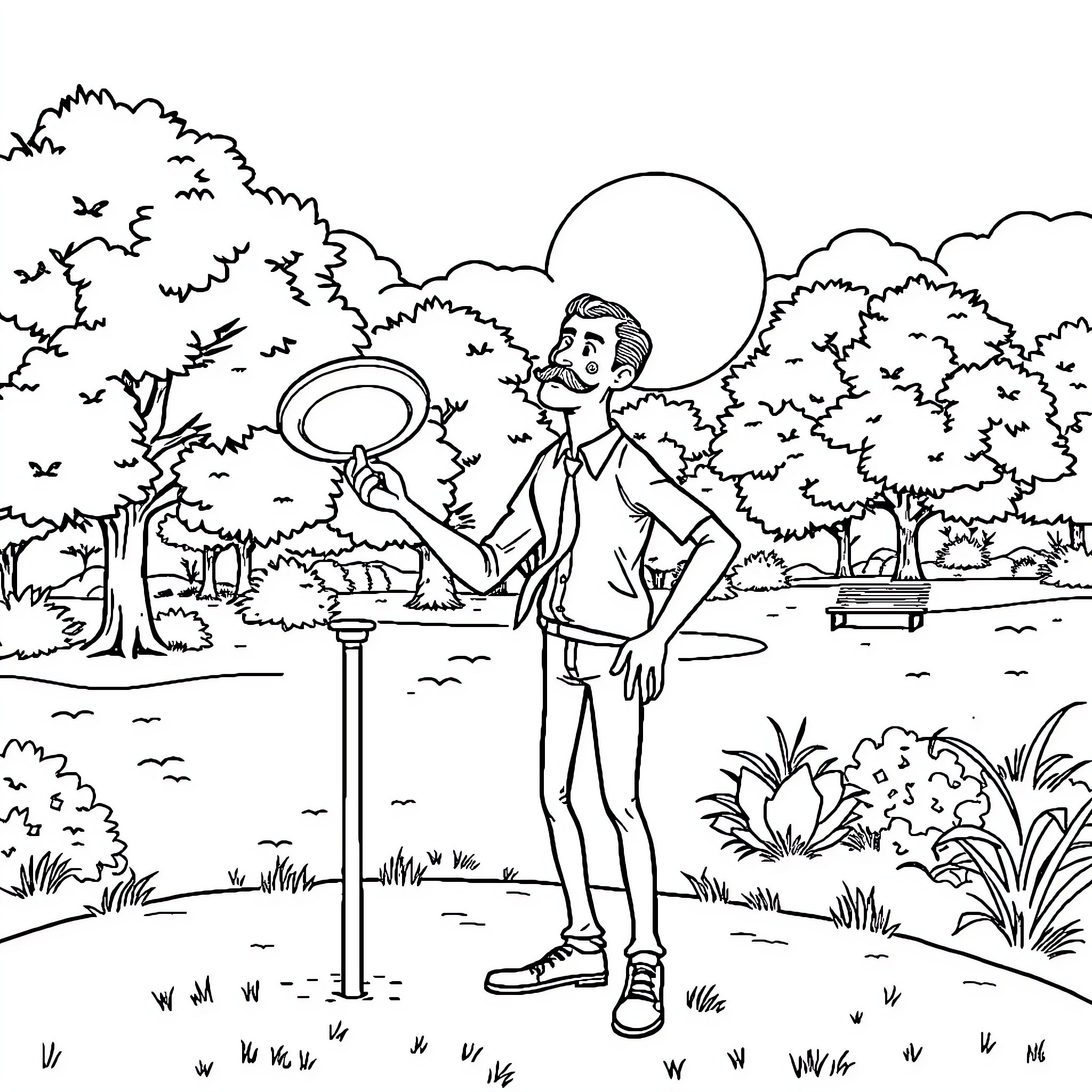 Man exploring nature with magnifying glass Coloring Page (free black-and-white line drawing printable PDF for all, from beginners to advanced learners, including children, teens, adults, and seniors)