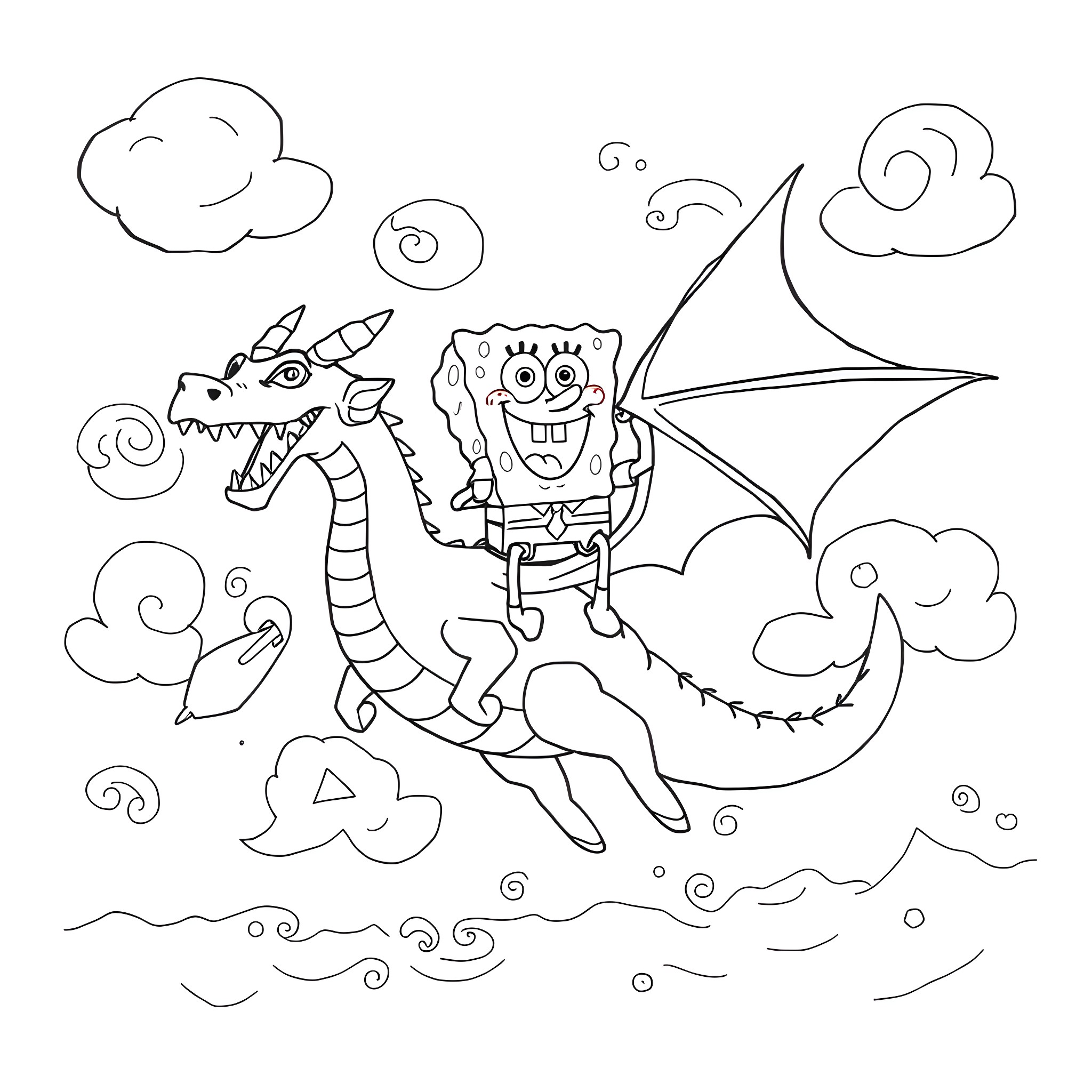 Spongebob riding a dragon in the sky Coloring Page (free black-and-white line drawing printable PDF for all, from beginners to advanced learners, including children, teens, adults, and seniors)