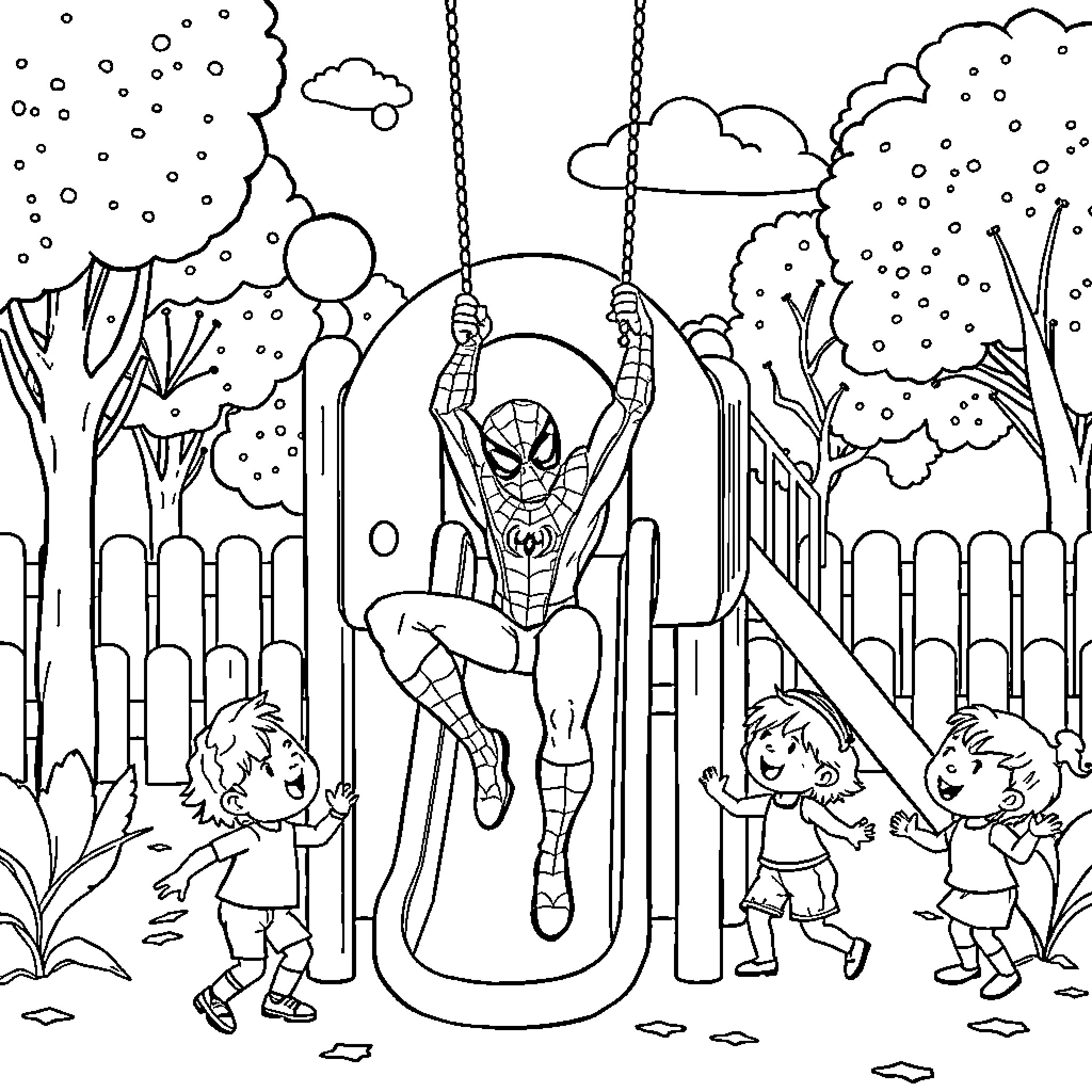 Spiderman swinging playfully with children in the park Coloring Page (free black-and-white line drawing printable PDF for all, from beginners to advanced learners, including children, teens, adults, and seniors)