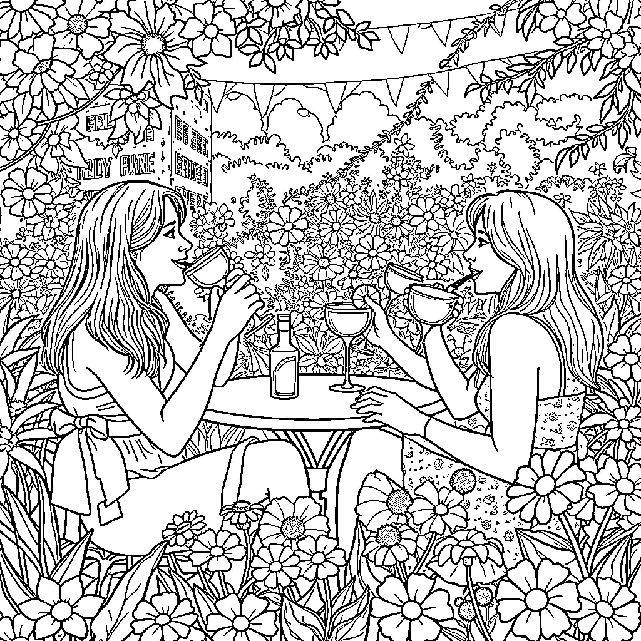 Drink and Socialize in a Flowery Garden Coloring Page (free black-and-white line drawing printable PDF for all, from beginners to advanced learners, including children, teens, adults, and seniors)
