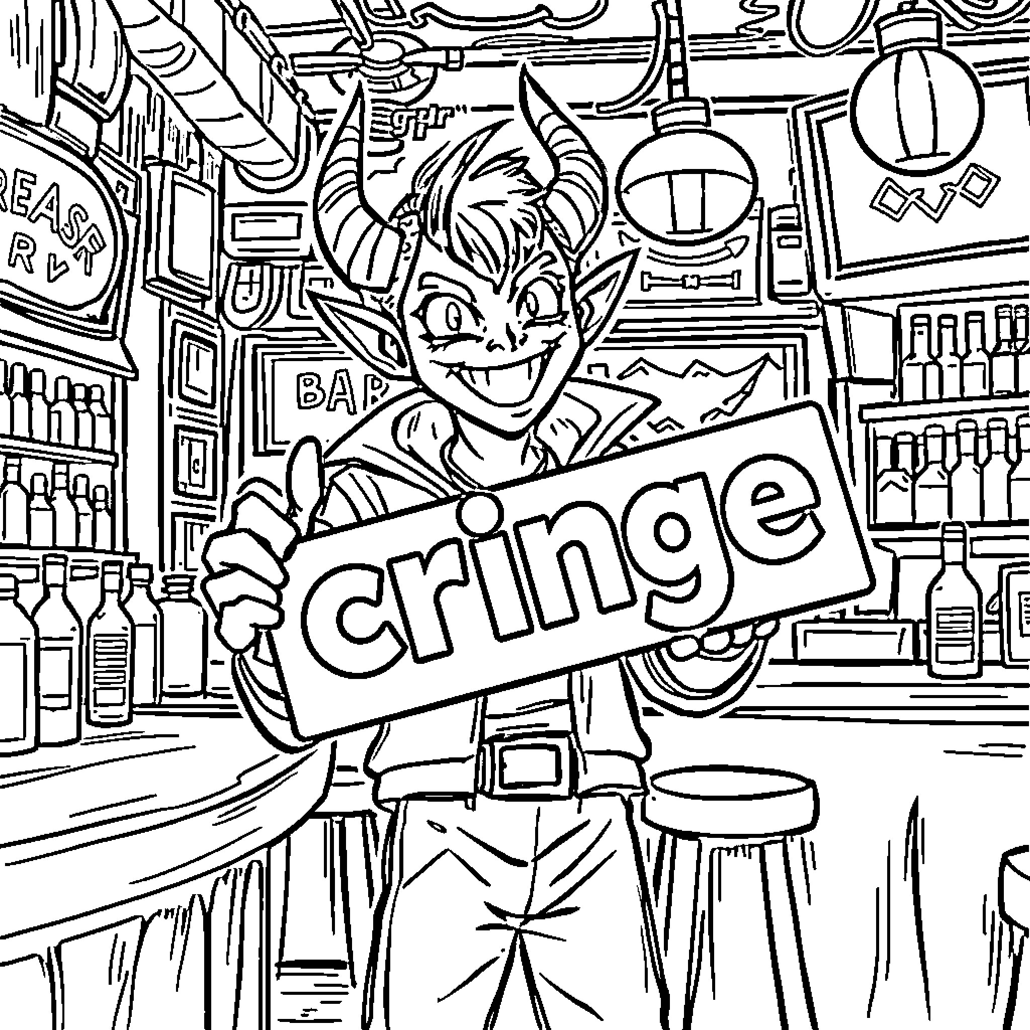 Rummie's Mischievous Antics at the Rambunctious Bar Coloring Page (free black-and-white line drawing printable PDF for all, from beginners to advanced learners, including children, teens, adults, and seniors)