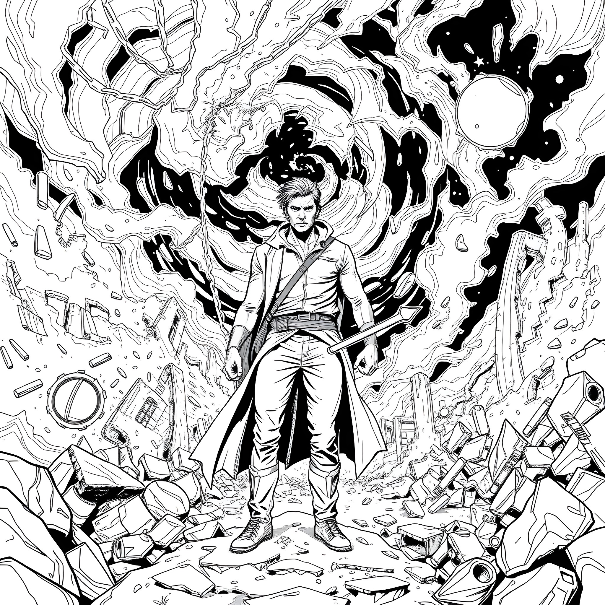 Man fighting powerful magical forces in the midst of destruction Coloring Page (free black-and-white line drawing printable PDF for all, from beginners to advanced learners, including children, teens, adults, and seniors)