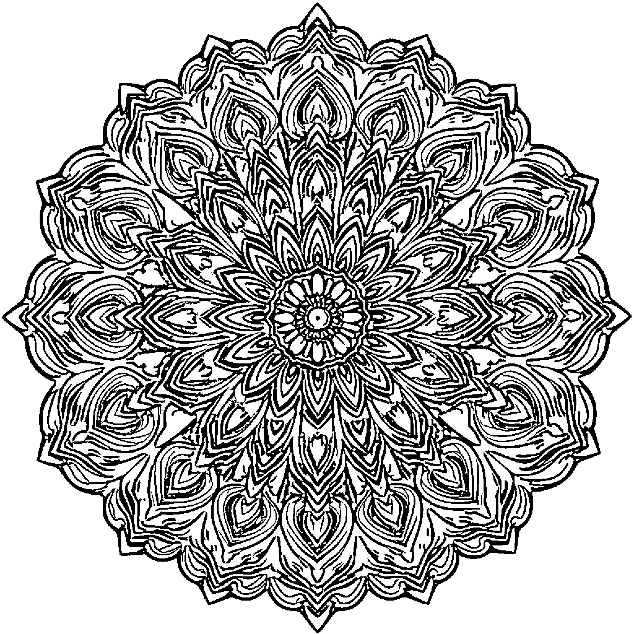 Mandala with intricate floral design Coloring Page (free black-and-white line drawing printable PDF for all, from beginners to advanced learners, including children, teens, adults, and seniors)
