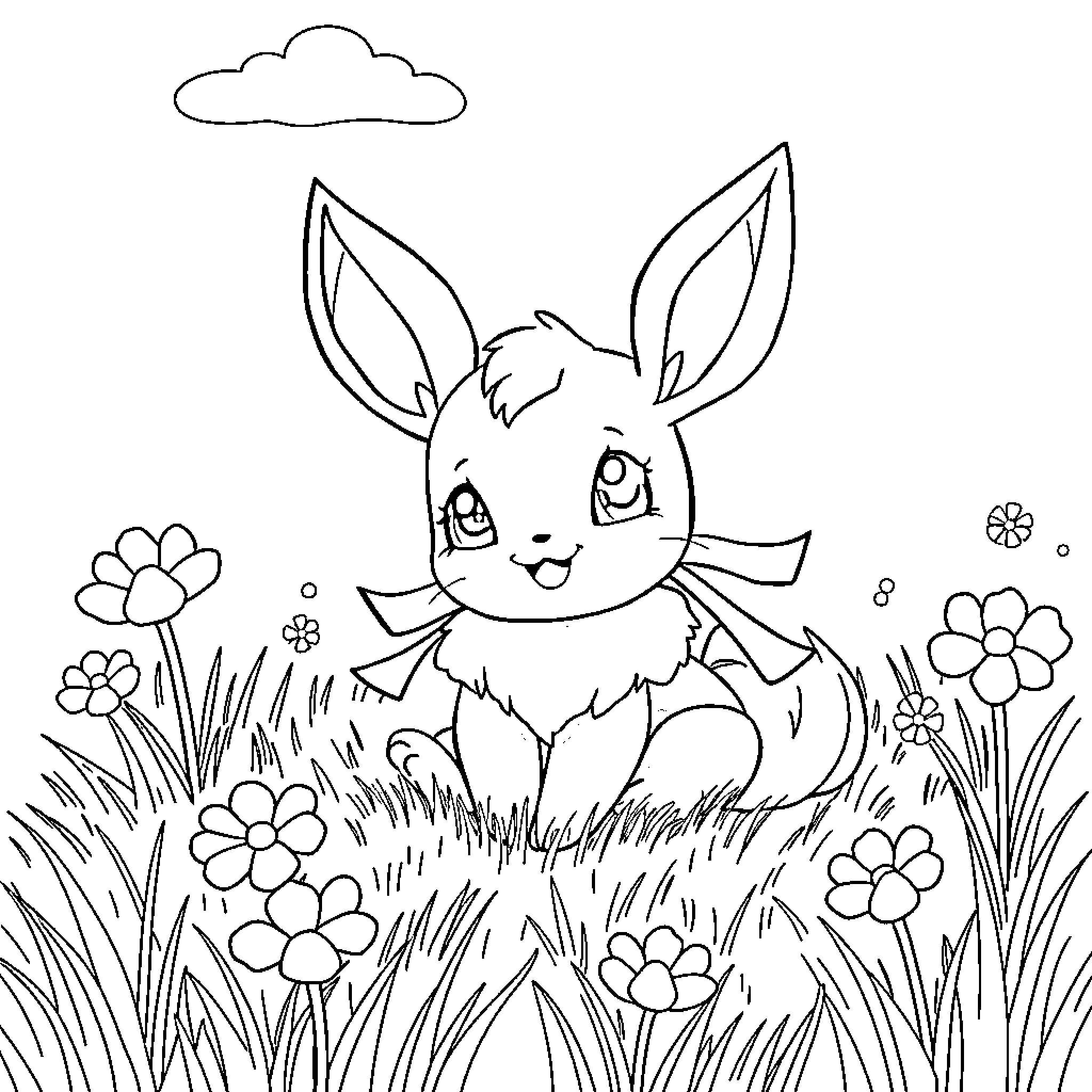 Sylveon playing cheerfully in a flower-filled meadow Coloring Page (free black-and-white line drawing printable PDF for all, from beginners to advanced learners, including children, teens, adults, and seniors)