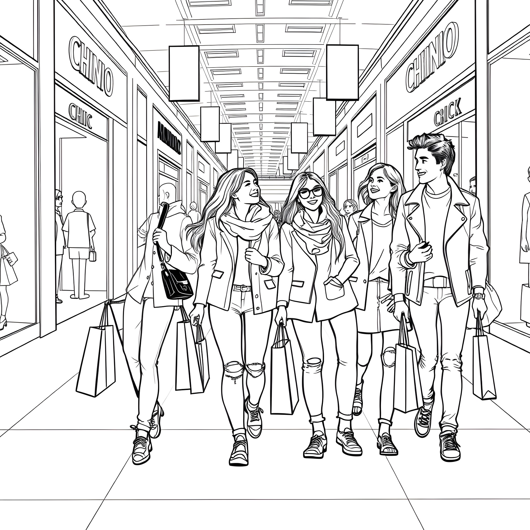 Family Shopping Adventure in a Bustling Mall Coloring Page (free black-and-white line drawing printable PDF for all, from beginners to advanced learners, including children, teens, adults, and seniors)