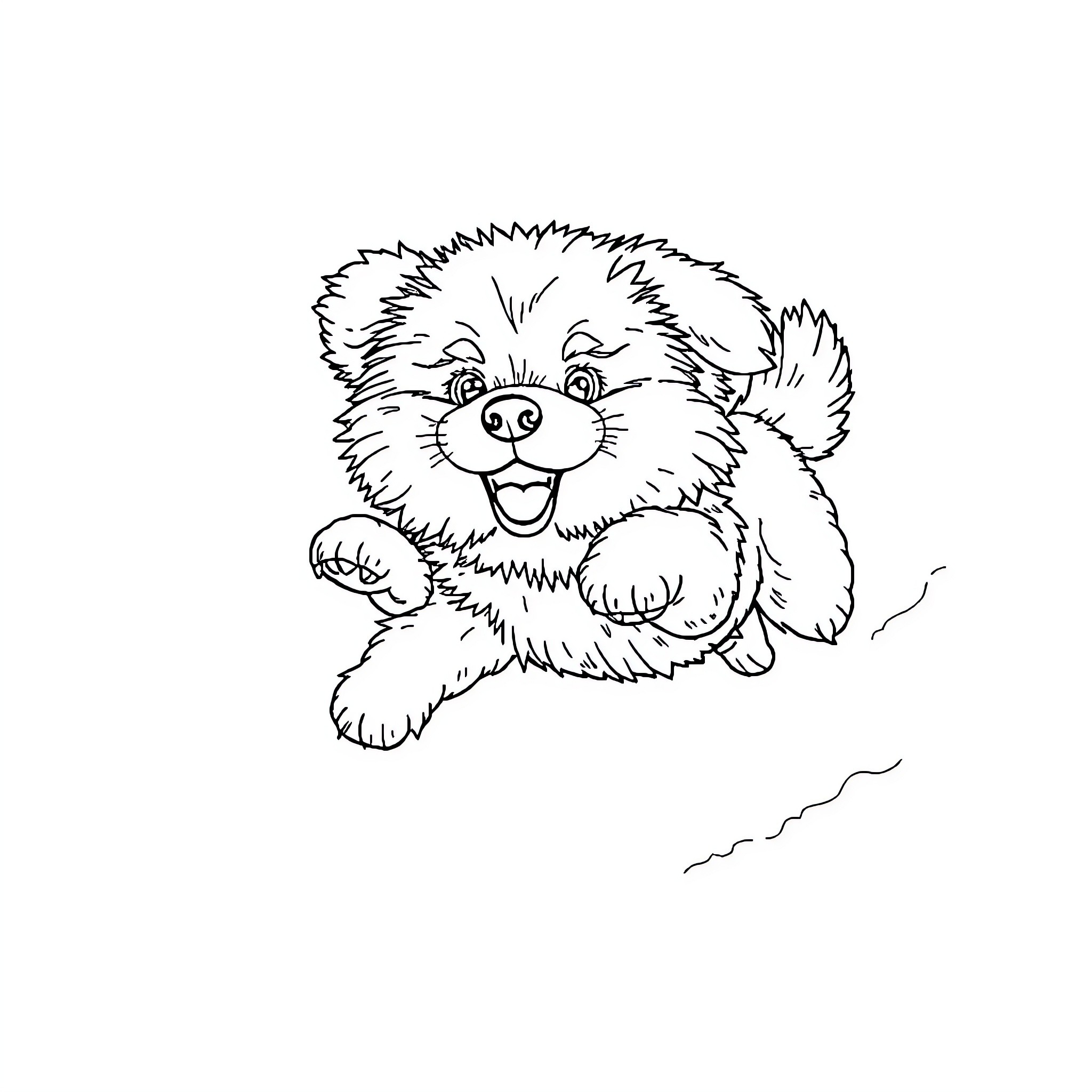 Dog happily playing and jumping Coloring Page (free black-and-white line drawing printable PDF for all, from beginners to advanced learners, including children, teens, adults, and seniors)