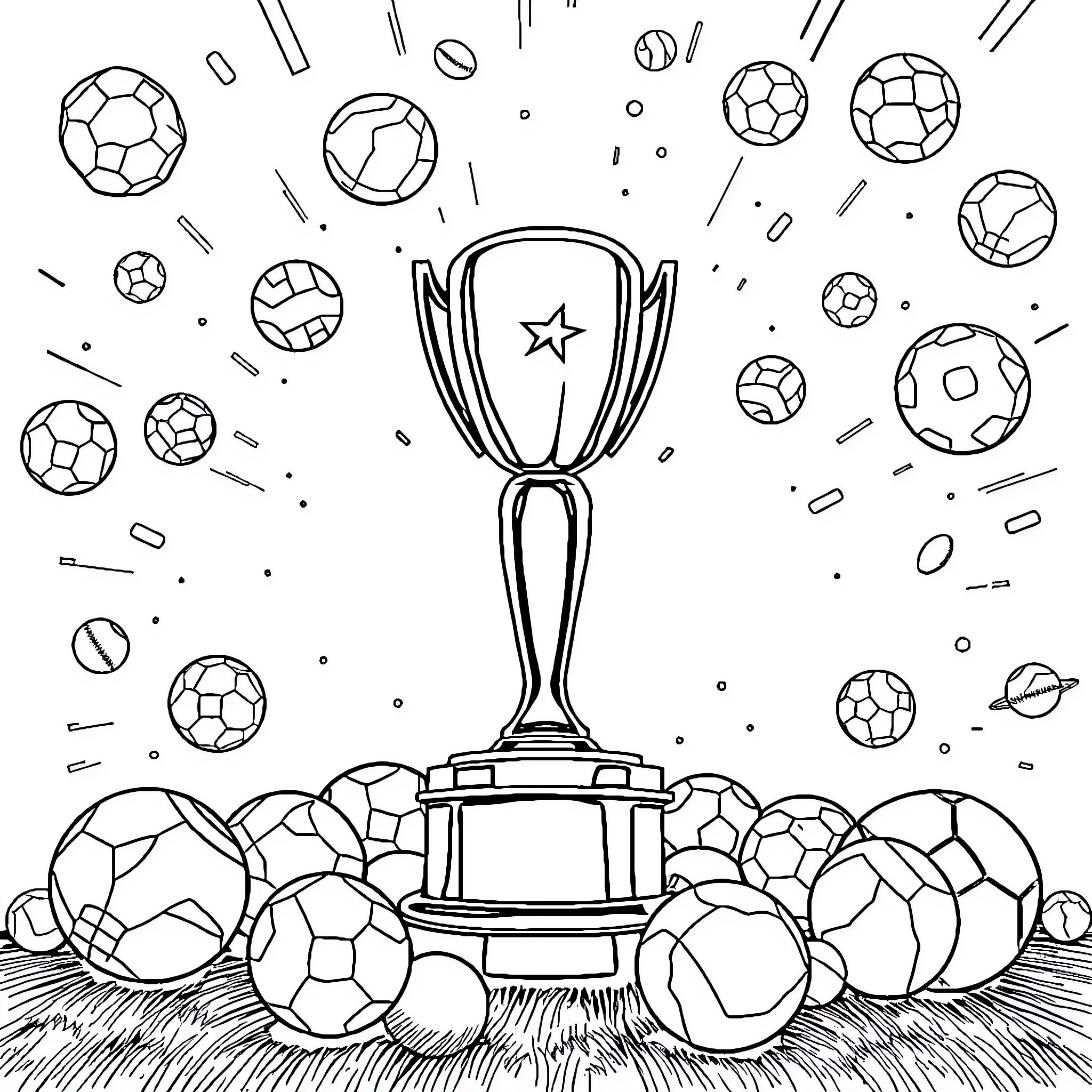 Oscar's trophy surrounded by soccer balls Coloring Page (free black-and-white line drawing printable PDF for all, from beginners to advanced learners, including children, teens, adults, and seniors)