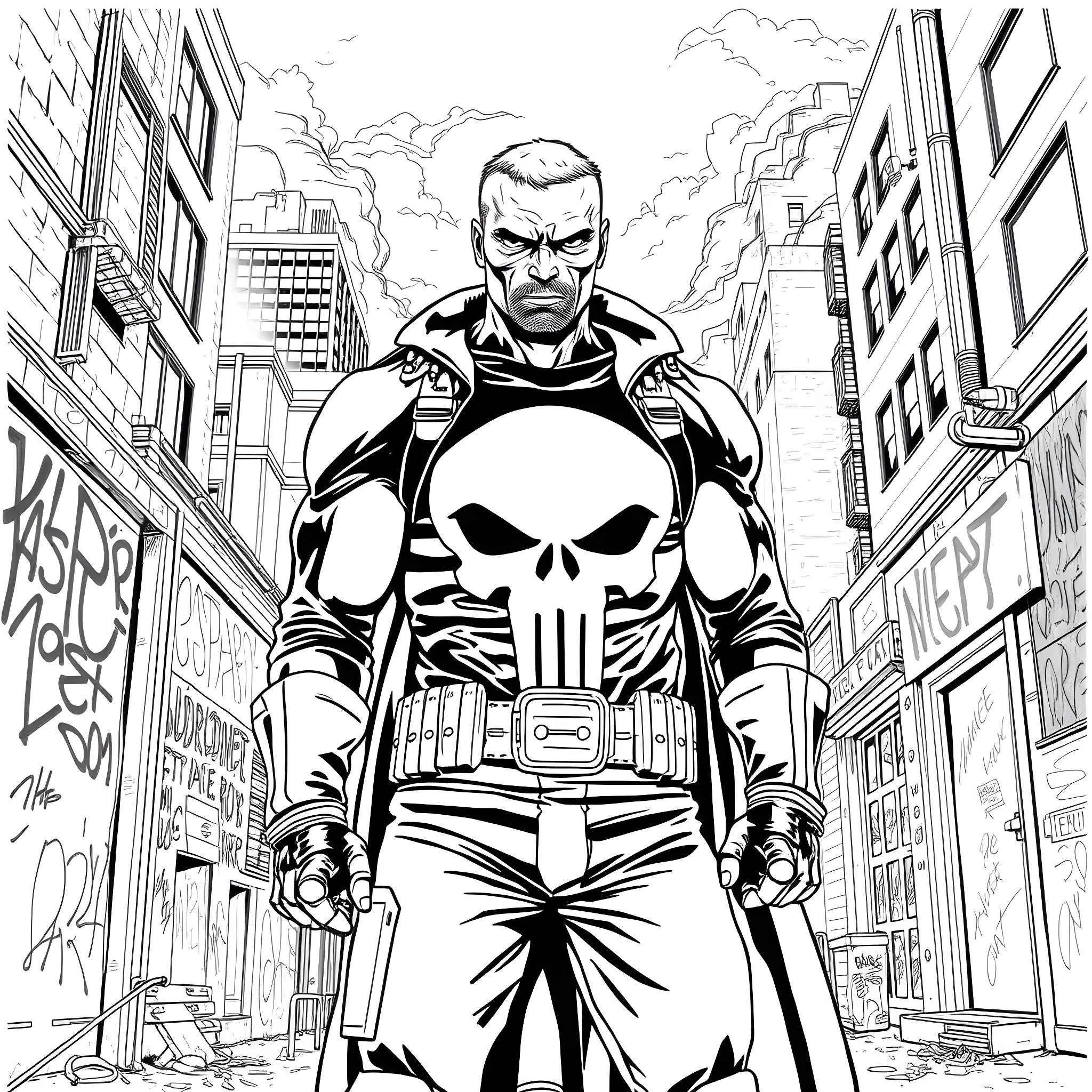 Punisher in Action-Packed City Standoff Coloring Page (free black-and-white line drawing printable PDF for all, from beginners to advanced learners, including children, teens, adults, and seniors)