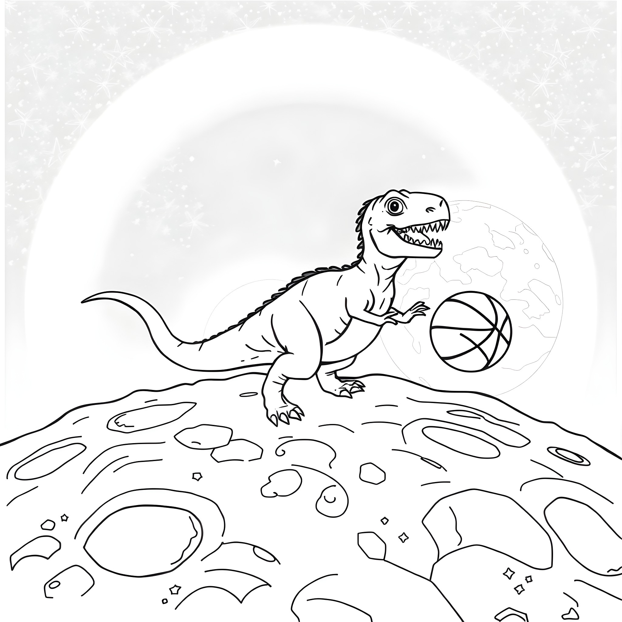 Dinosaur playing with basketball on rocky terrain Coloring Page (free black-and-white line drawing printable PDF for all, from beginners to advanced learners, including children, teens, adults, and seniors)