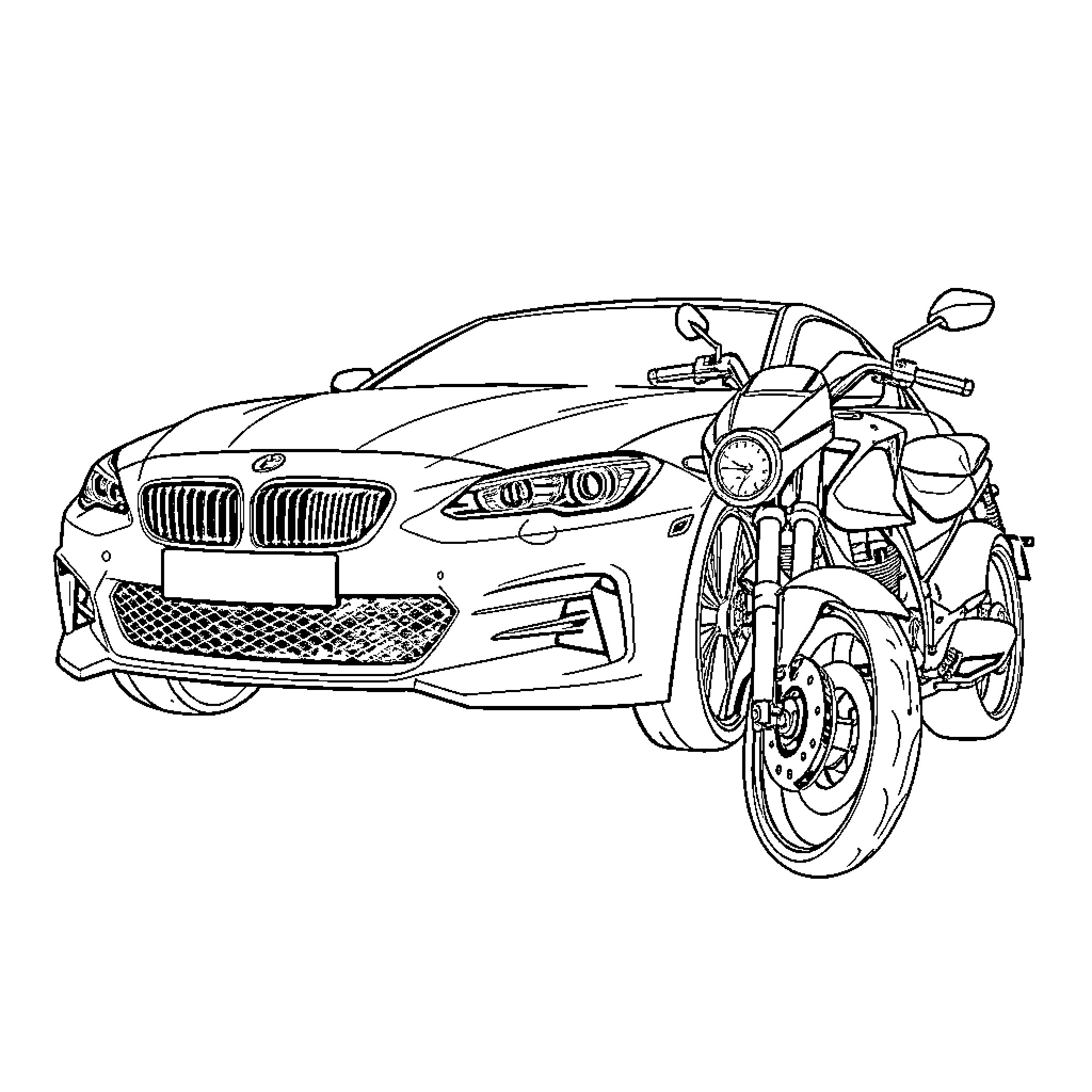 Car with motorcycle in black and white sketch Coloring Page (free black-and-white line drawing printable PDF for all, from beginners to advanced learners, including children, teens, adults, and seniors)