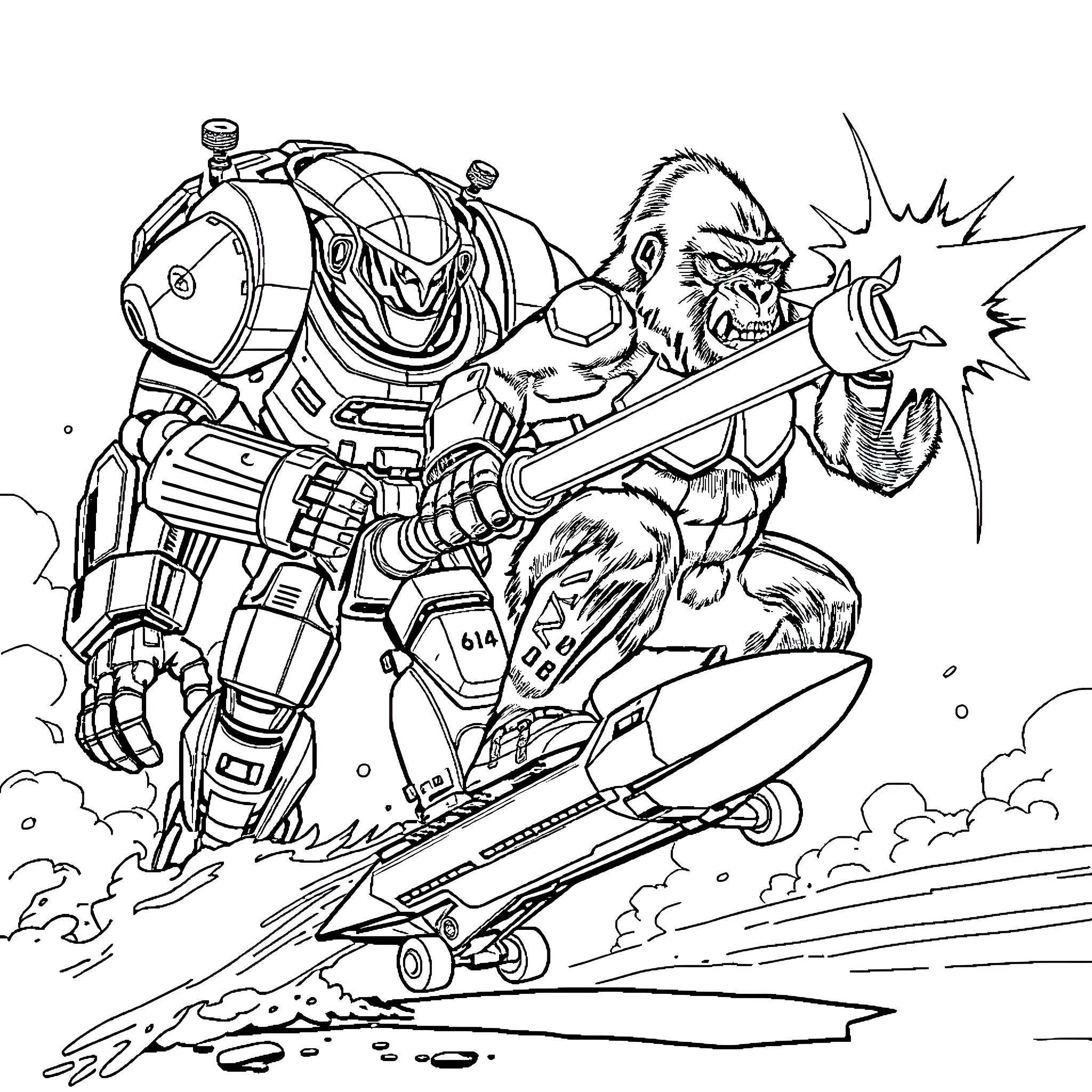 Robot Warrior Battles Ferocious Creature on Skateboard Coloring Page (free black-and-white line drawing printable PDF for all, from beginners to advanced learners, including children, teens, adults, and seniors)