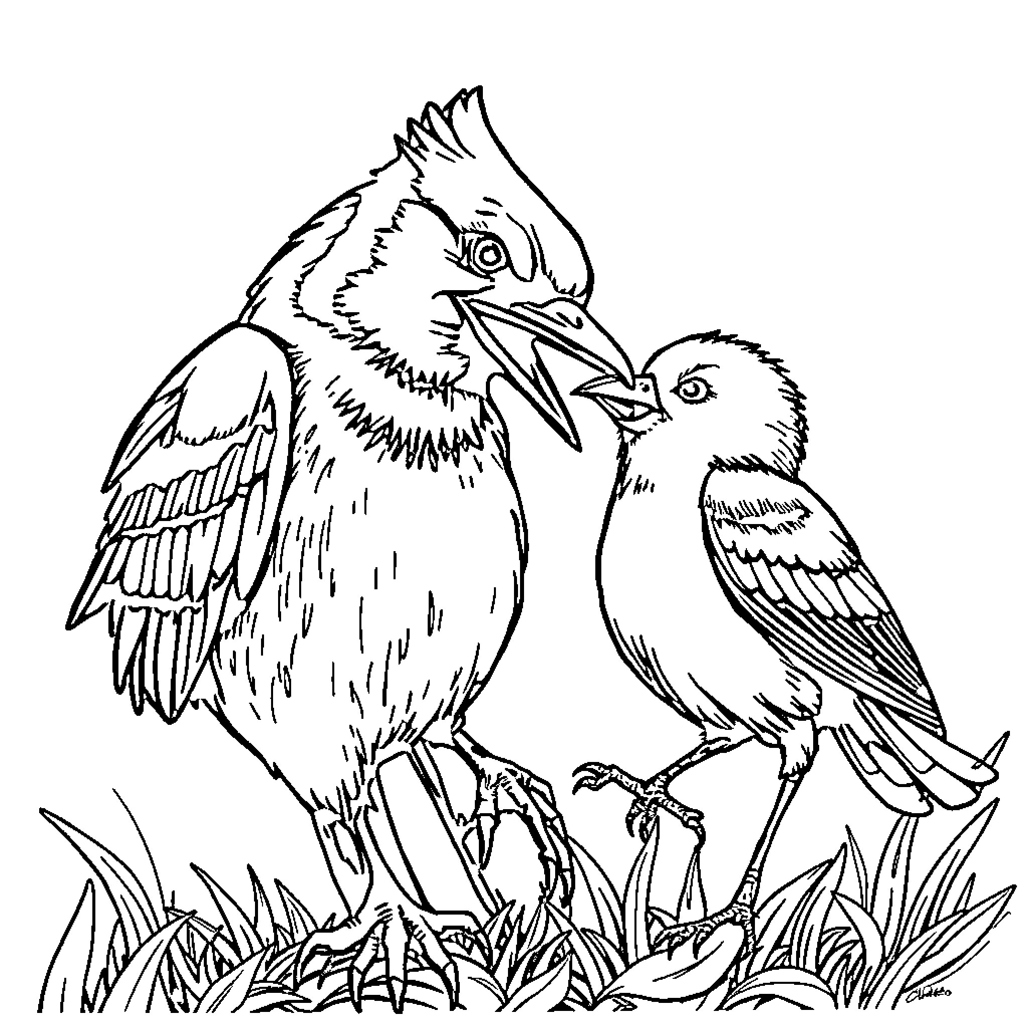 Bluejay pair in nature Coloring Page (free black-and-white line drawing printable PDF for all, from beginners to advanced learners, including children, teens, adults, and seniors)