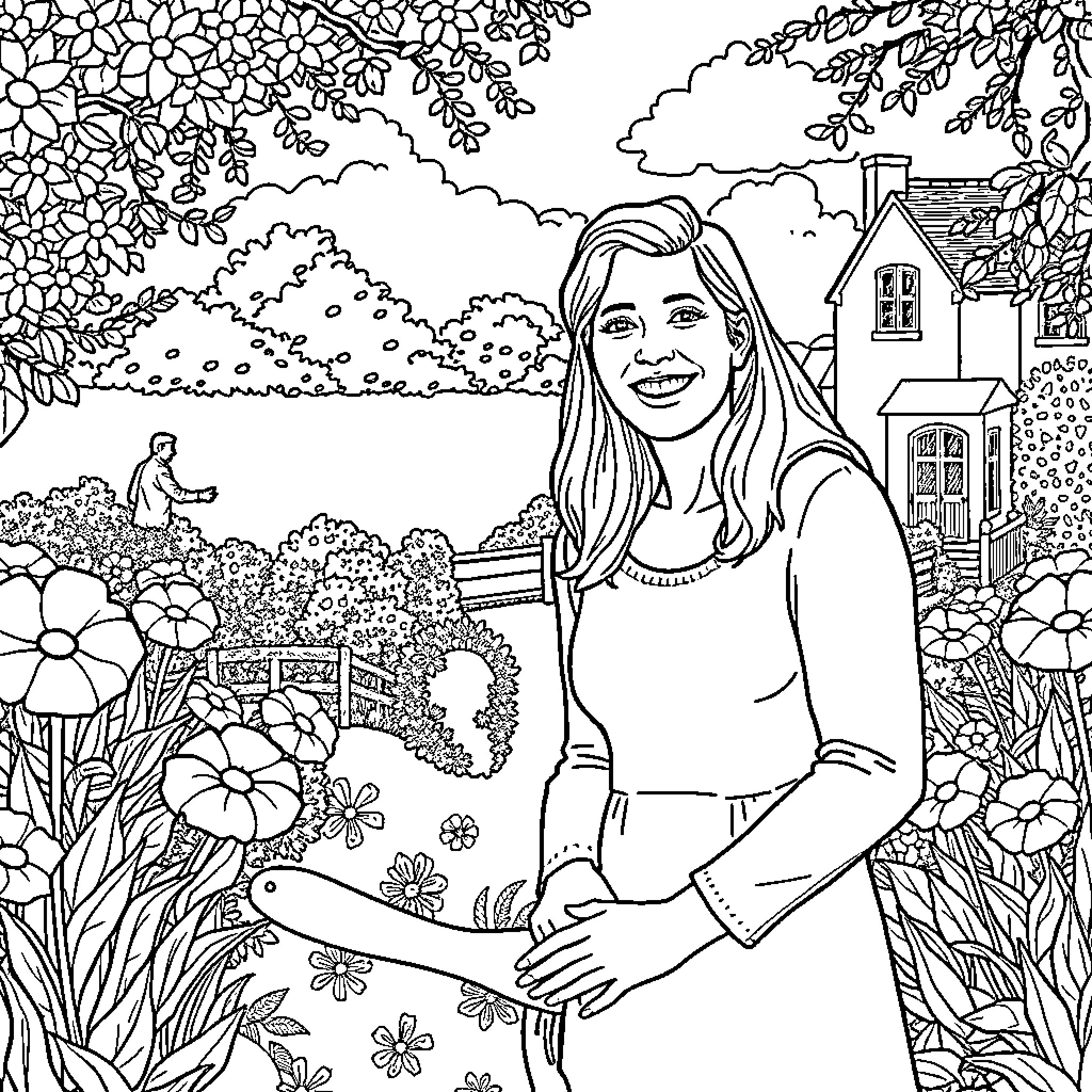 Colin's relaxing stroll through a vibrant garden Coloring Page (free black-and-white line drawing printable PDF for all, from beginners to advanced learners, including children, teens, adults, and seniors)