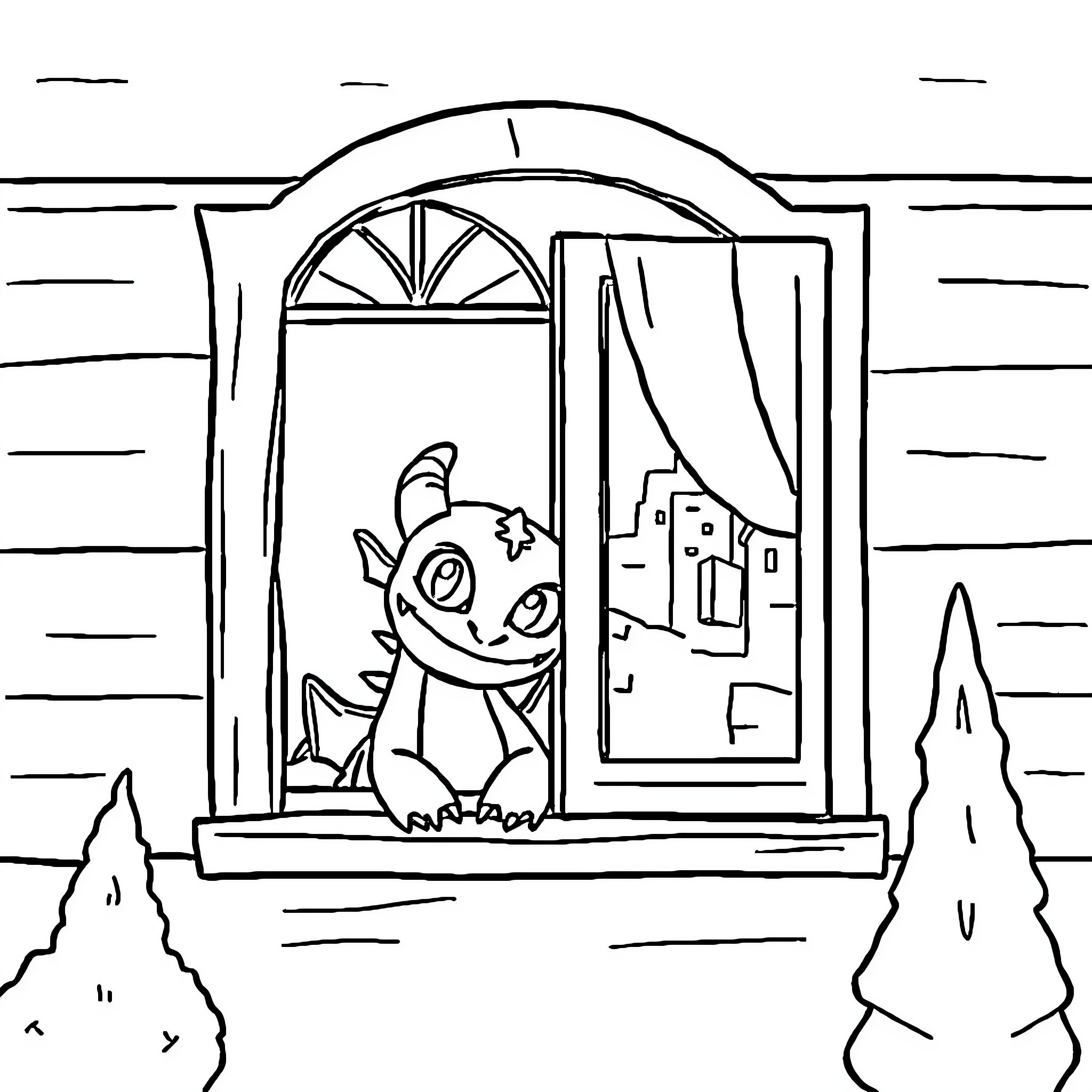 Toothless peering through the window Coloring Page (free black-and-white line drawing printable PDF for all, from beginners to advanced learners, including children, teens, adults, and seniors)